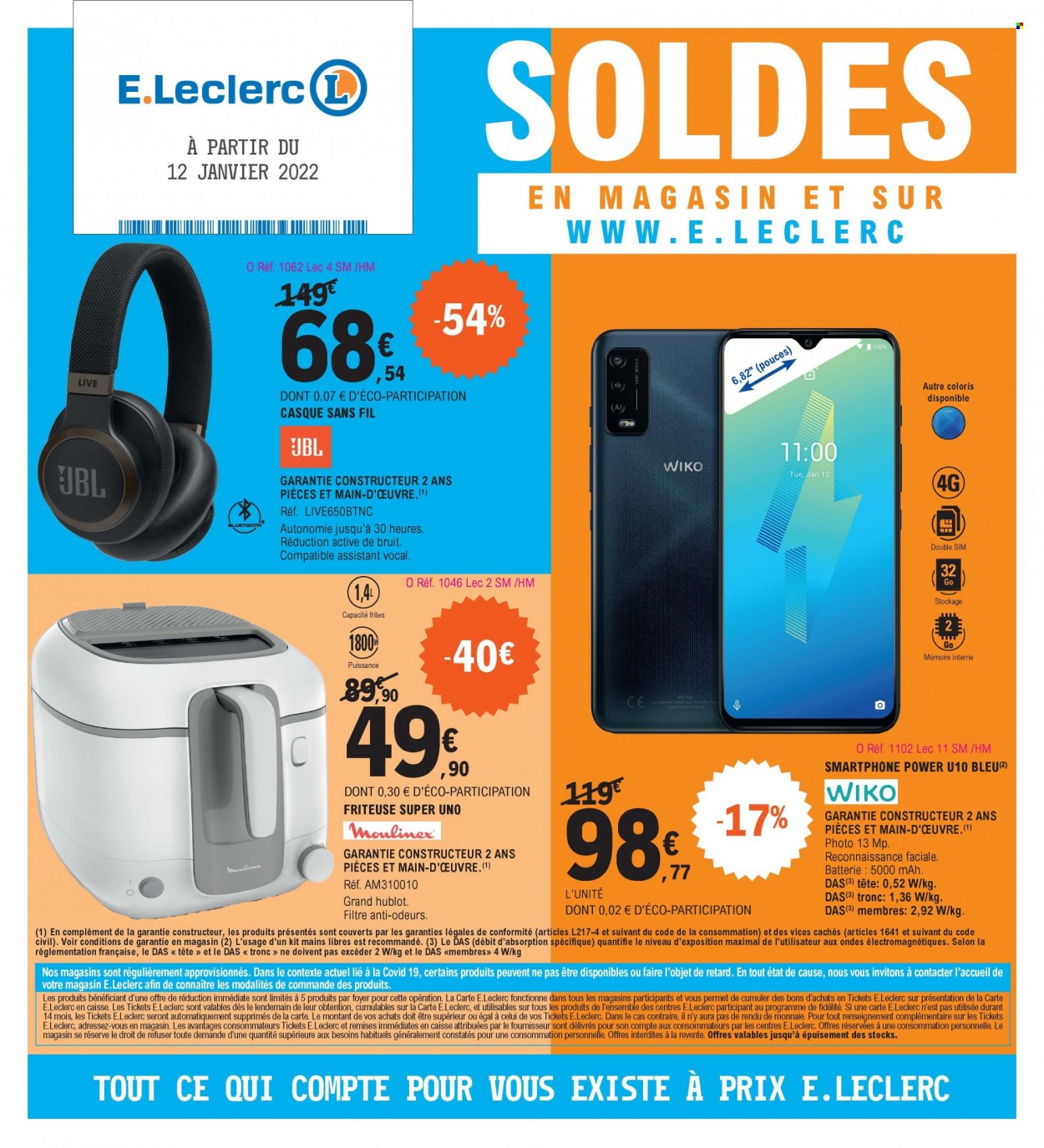 Catalogue E.Leclerc - 03/01/2022 - 30/01/2022 - Produits soldés - casque, Wiko, smartphone, kit mains libres, JBL, friteuse, Moulinex, UNO. Page 1.