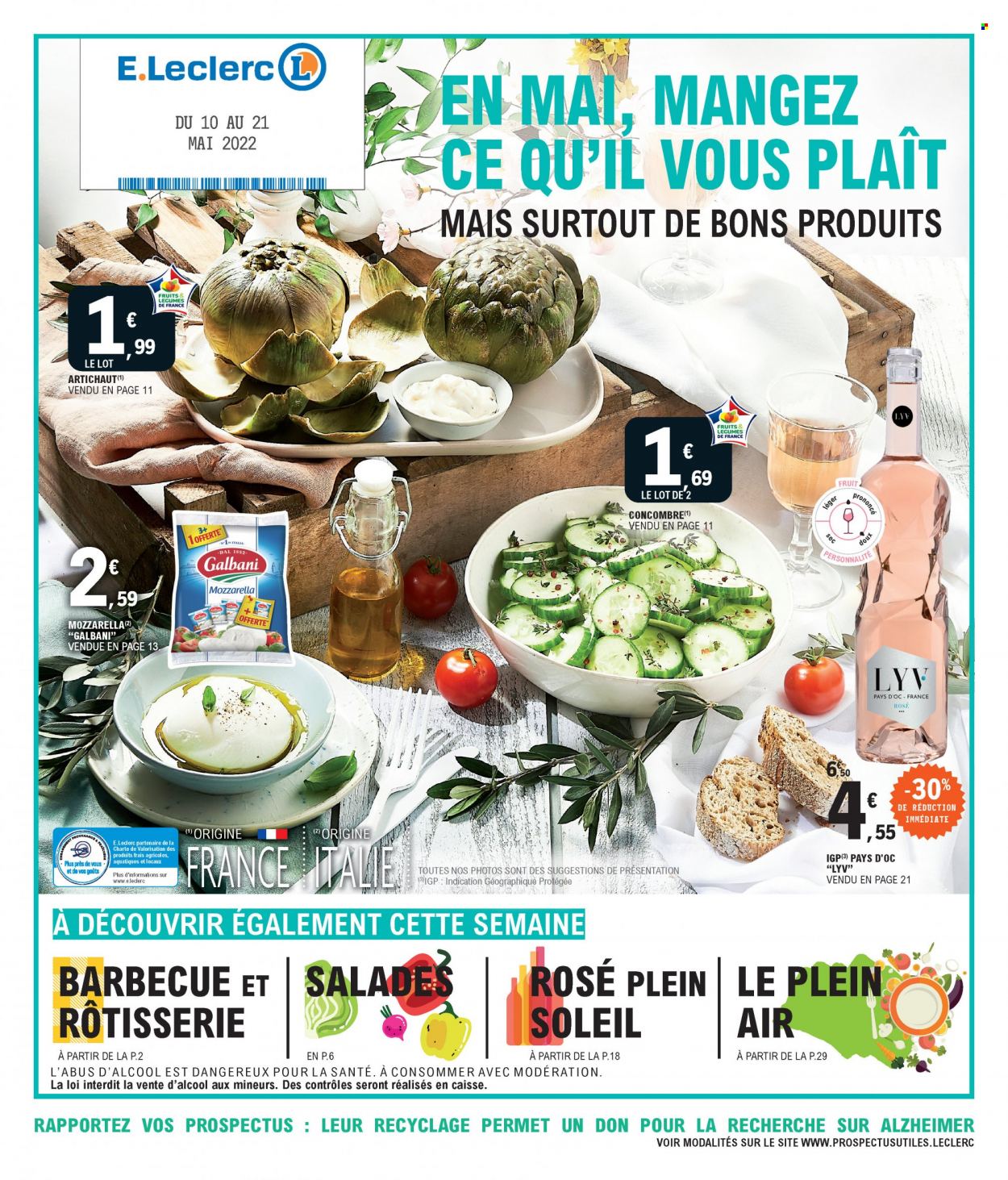Catalogue E.Leclerc - 10/05/2022 - 21/05/2022 - Produits soldés - artichaut, concombre, mozzarella, barbecue. Page 1.
