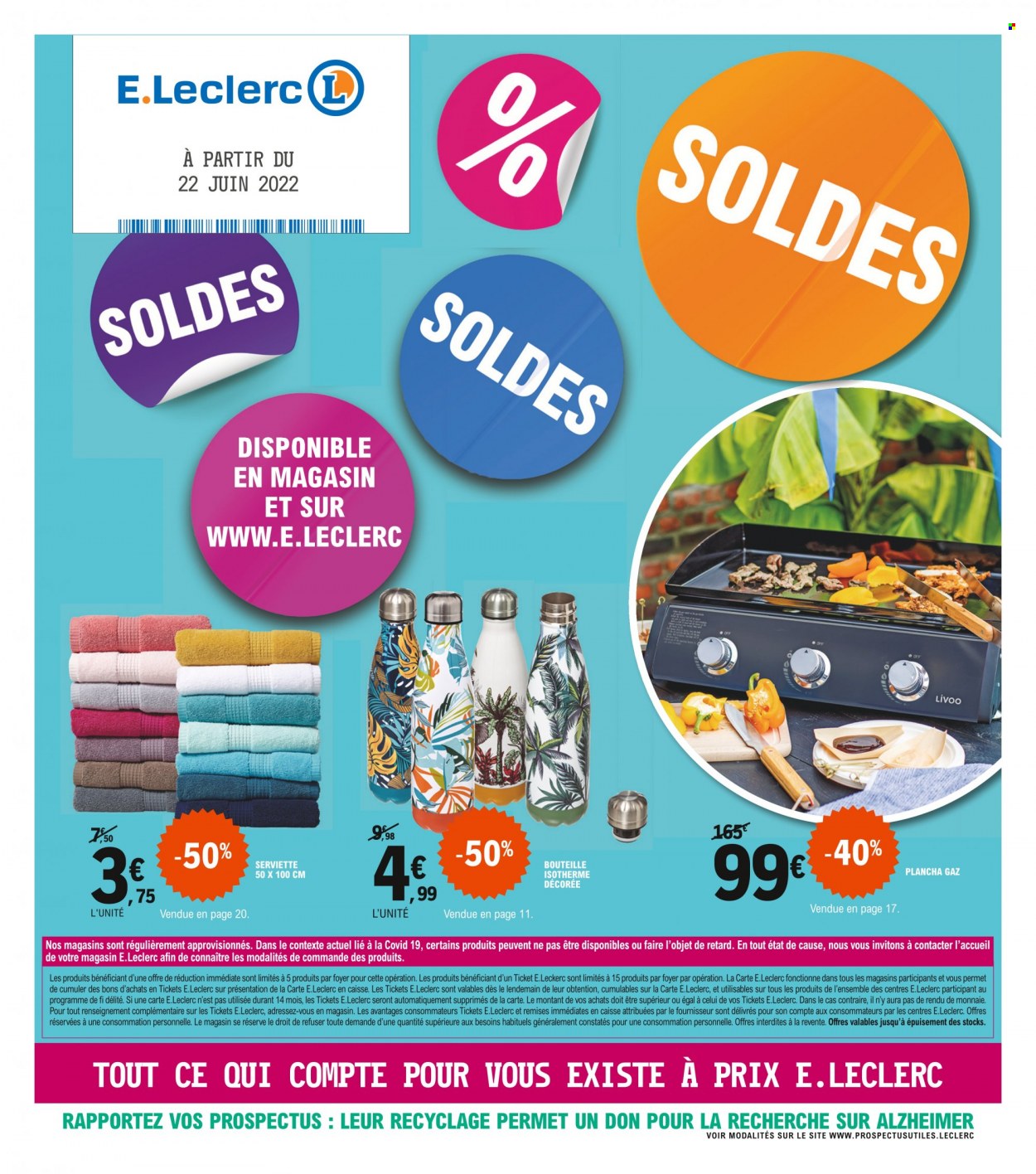 Catalogue E.Leclerc - 22/06/2022 - 02/07/2022 - Produits soldés - serviette, bouteille isotherme, plancha. Page 1.