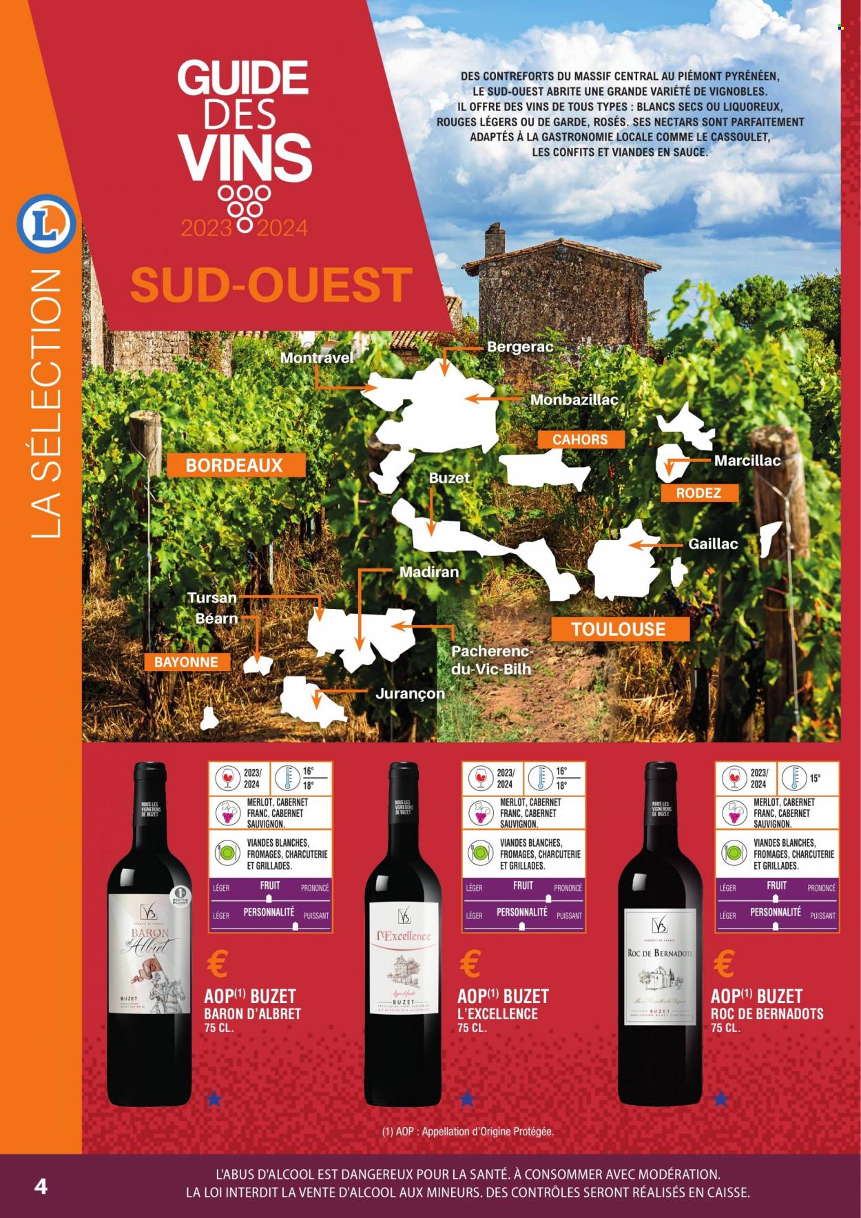 thumbnail - Catalogue E.Leclerc - Produits soldés - alcool, Bordeaux, vin blanc, vin rouge, vin, Cabernet Sauvignon. Page 4.