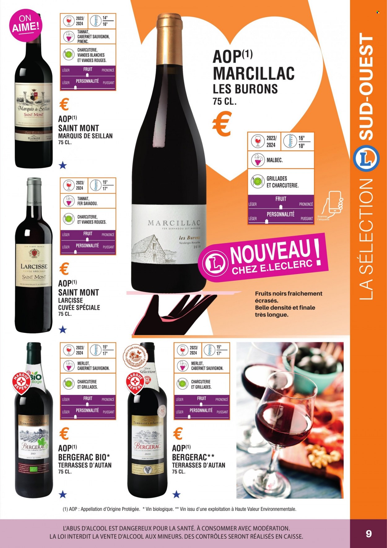 thumbnail - Catalogue E.Leclerc - Produits soldés - alcool, vin blanc, vin rouge, vin, Cabernet Sauvignon. Page 9.