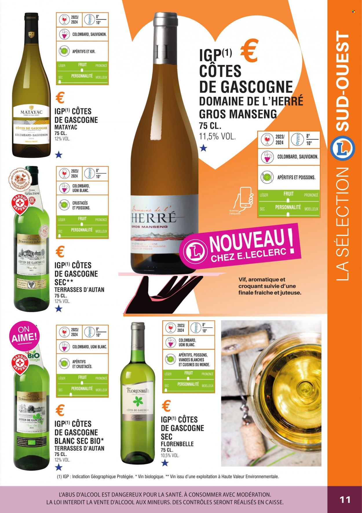 thumbnail - Catalogue E.Leclerc - Produits soldés - alcool, Côtes de Gascogne, vin, Cabernet Sauvignon. Page 11.