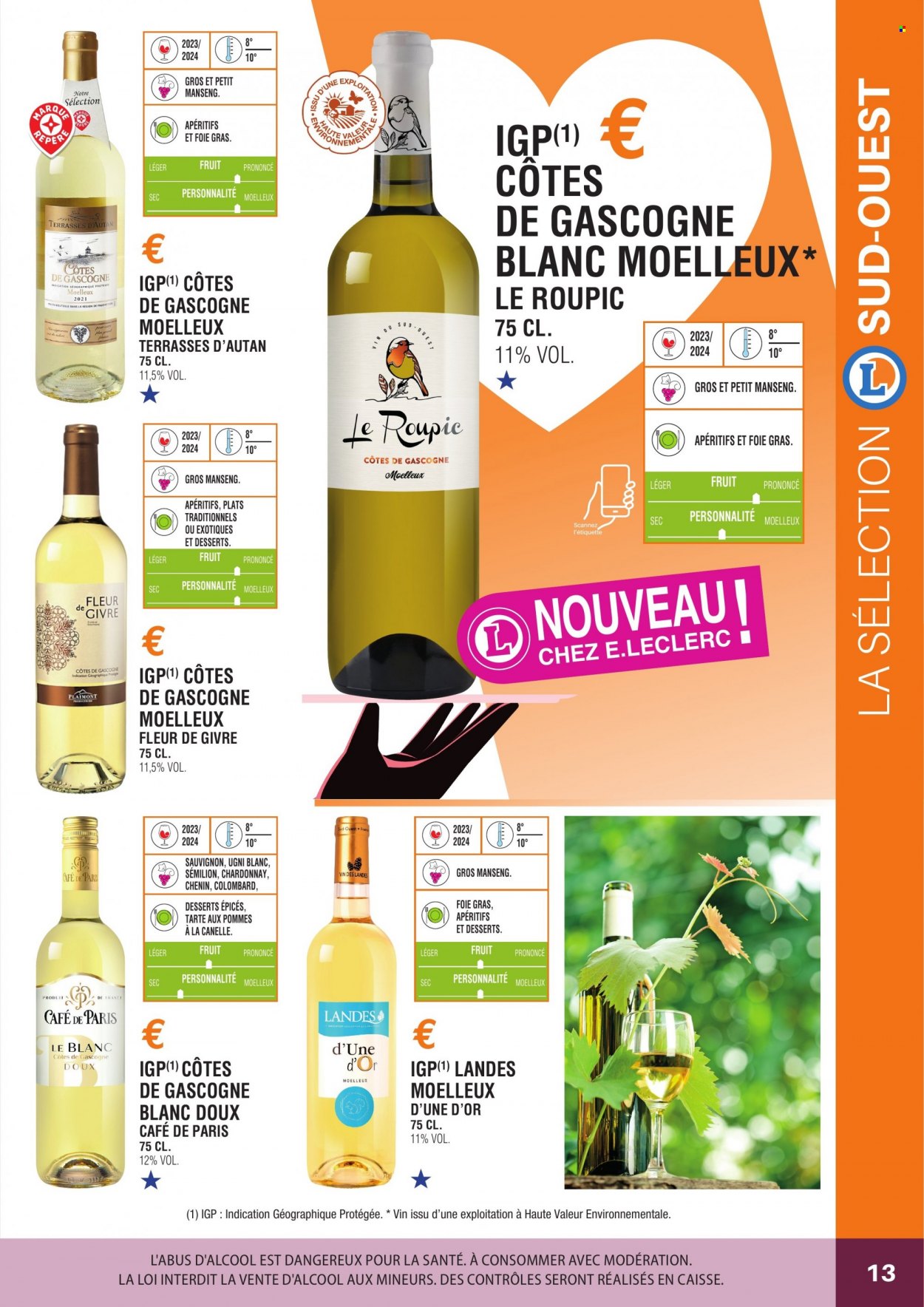 thumbnail - Catalogue E.Leclerc - Produits soldés - alcool, tarte, tarte aux pommes, Côtes de Gascogne, vin, Cabernet Sauvignon. Page 13.