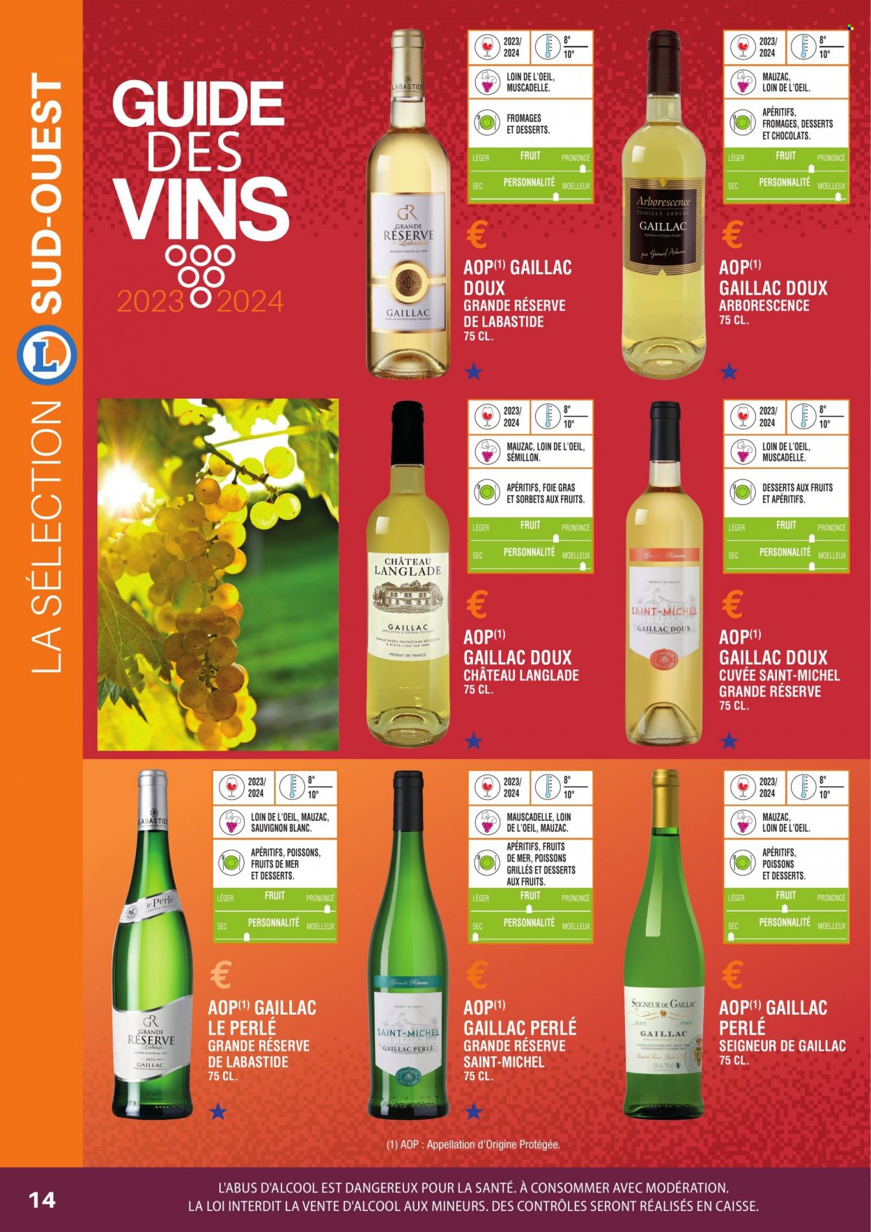 thumbnail - Catalogue E.Leclerc - Produits soldés - alcool, dessert aux fruits, vin blanc, Sauvignon Blanc, vin, Cabernet Sauvignon, maison. Page 14.