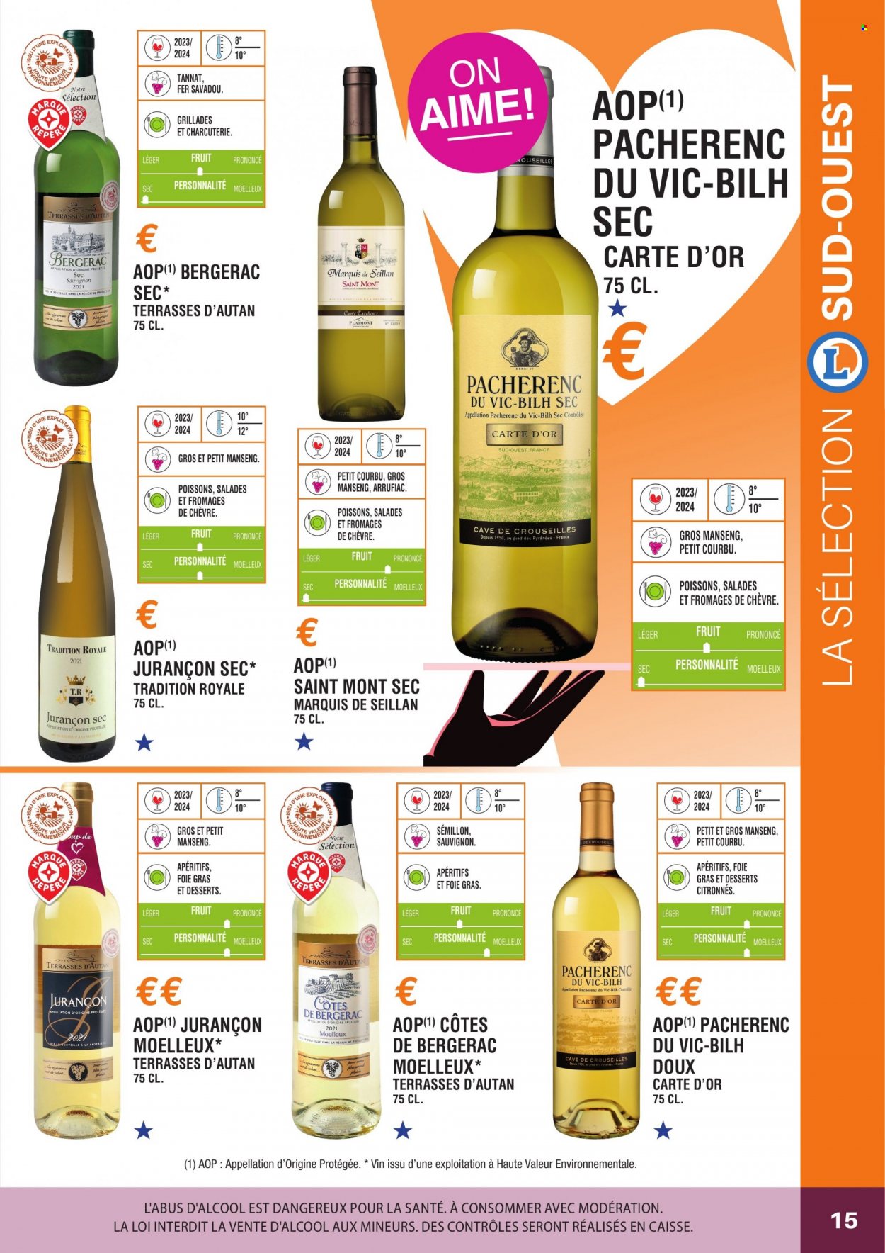 thumbnail - Catalogue E.Leclerc - Produits soldés - alcool, vin blanc, vin, Cabernet Sauvignon, Côtes de Bergerac. Page 15.