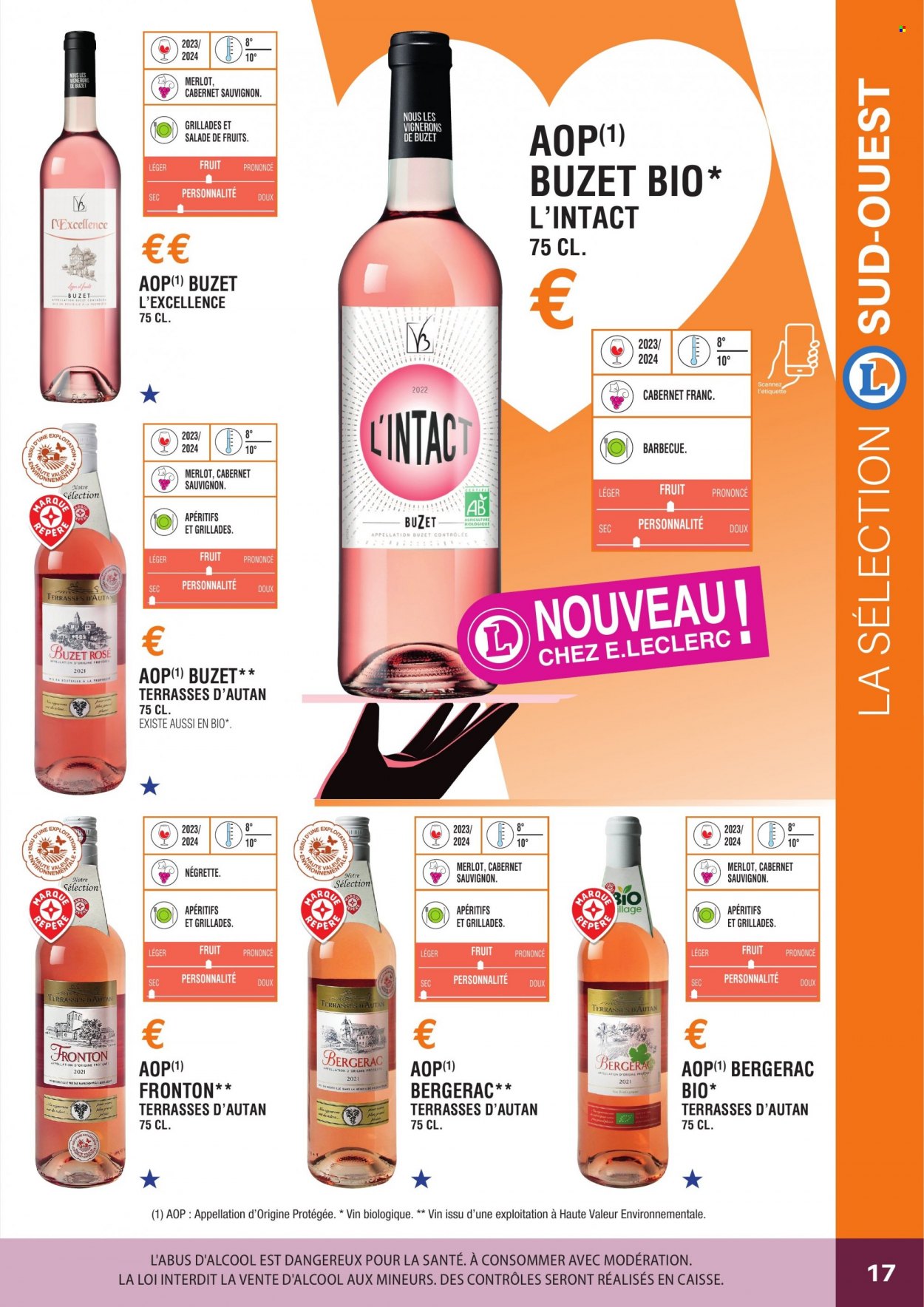 thumbnail - Catalogue E.Leclerc - Produits soldés - alcool, vin blanc, vin rouge, vin, Cabernet Sauvignon, barbecue. Page 17.