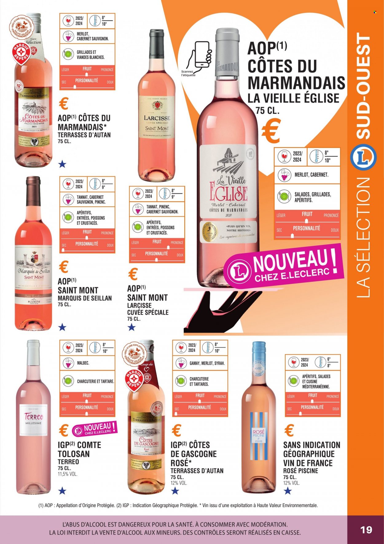 thumbnail - Catalogue E.Leclerc - Produits soldés - alcool, Côtes de Gascogne, vin blanc, vin rouge, vin, Cabernet Sauvignon. Page 19.