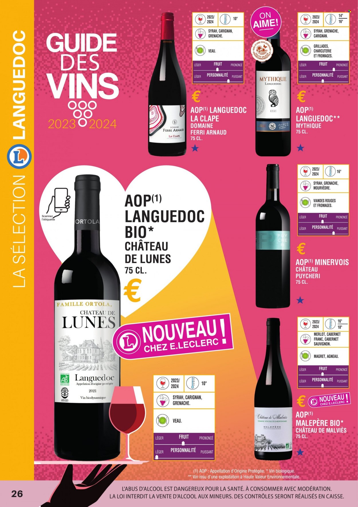 thumbnail - Catalogue E.Leclerc - Produits soldés - alcool, vin blanc, vin rouge, vin, Cabernet Sauvignon. Page 26.