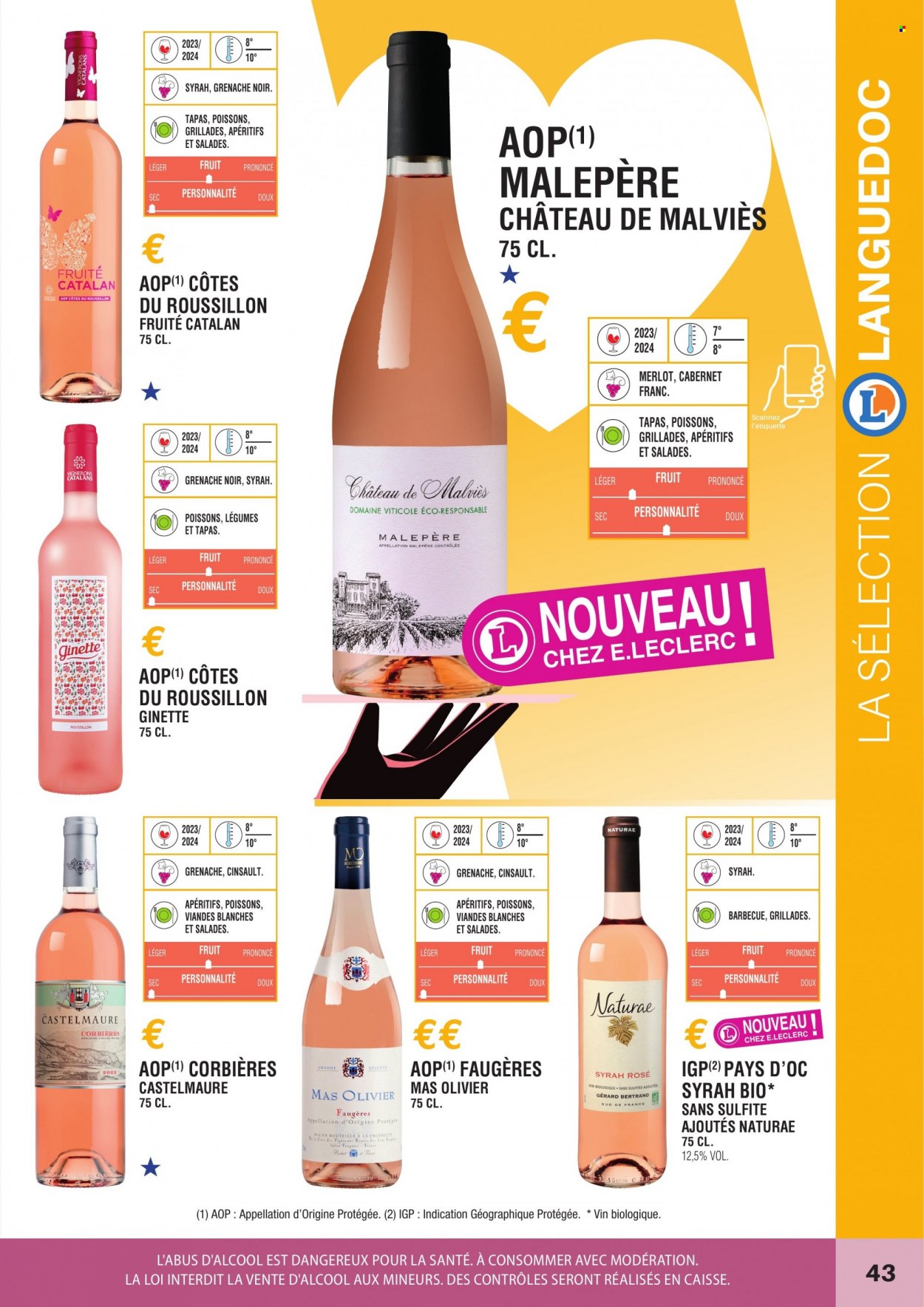 thumbnail - Catalogue E.Leclerc - Produits soldés - Corbières, Côtes du Roussillon, vin rouge, vin, barbecue. Page 43.