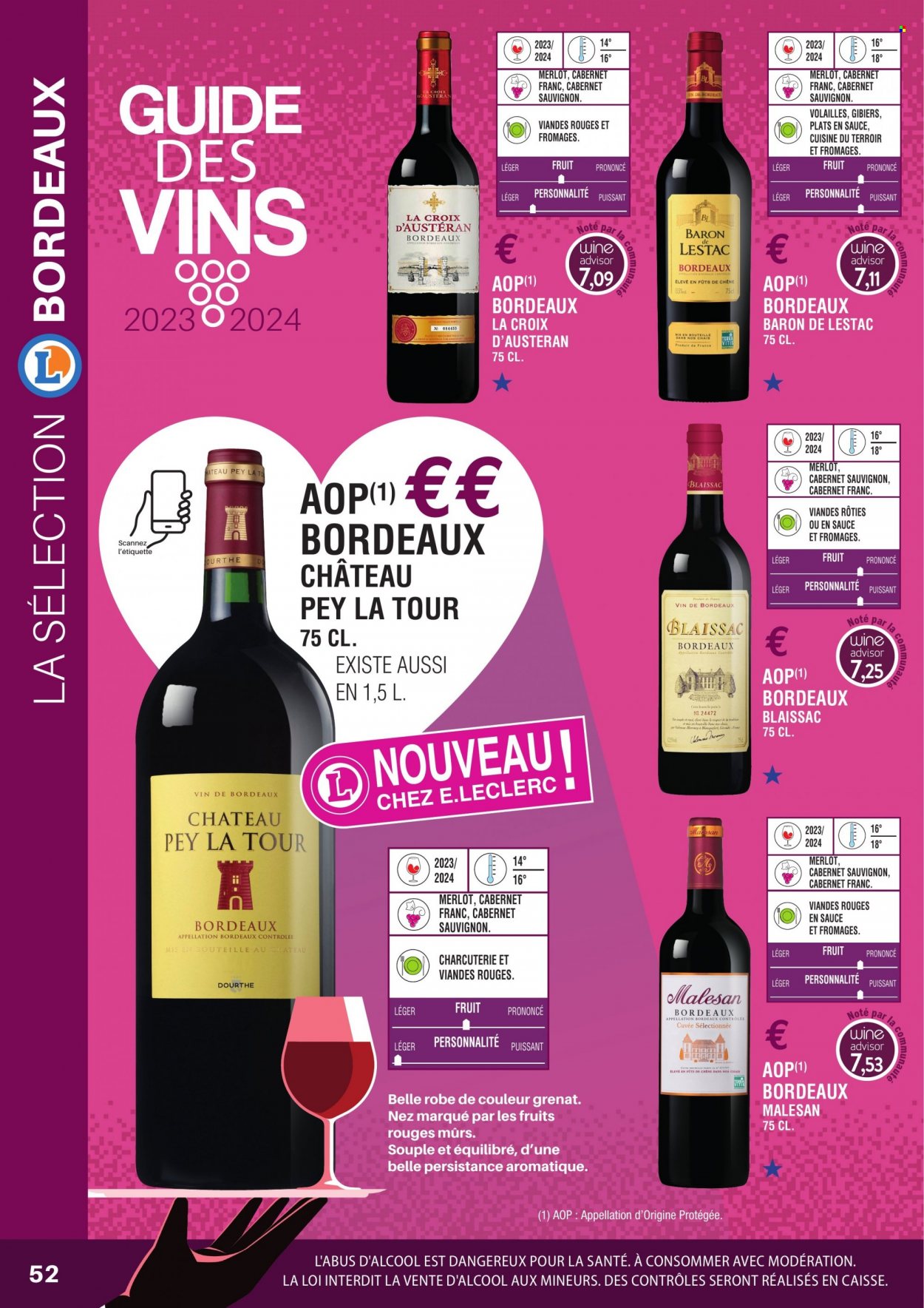 thumbnail - Catalogue E.Leclerc - Produits soldés - alcool, Bordeaux, vin blanc, vin rouge, vin, Cabernet Sauvignon. Page 52.