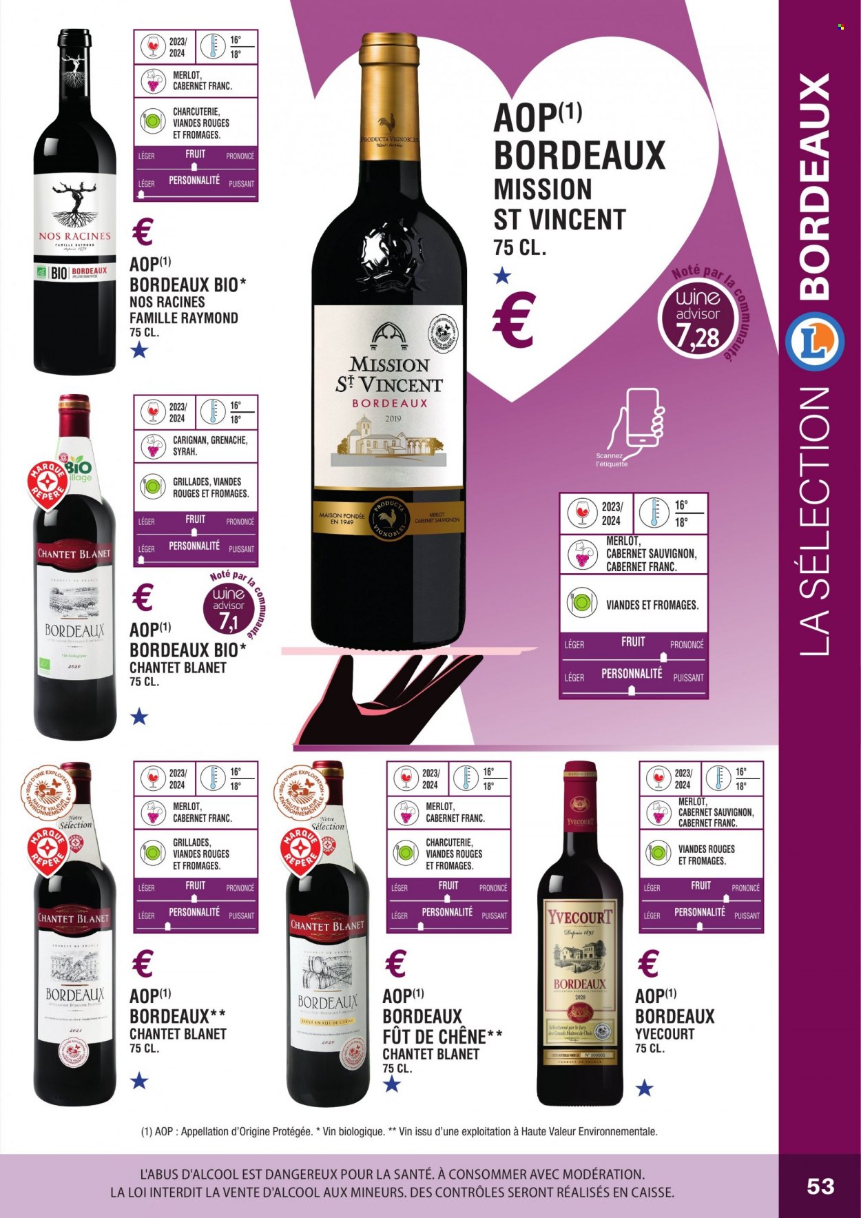 thumbnail - Catalogue E.Leclerc - Produits soldés - alcool, Bordeaux, vin blanc, vin rouge, vin, Cabernet Sauvignon, maison. Page 53.