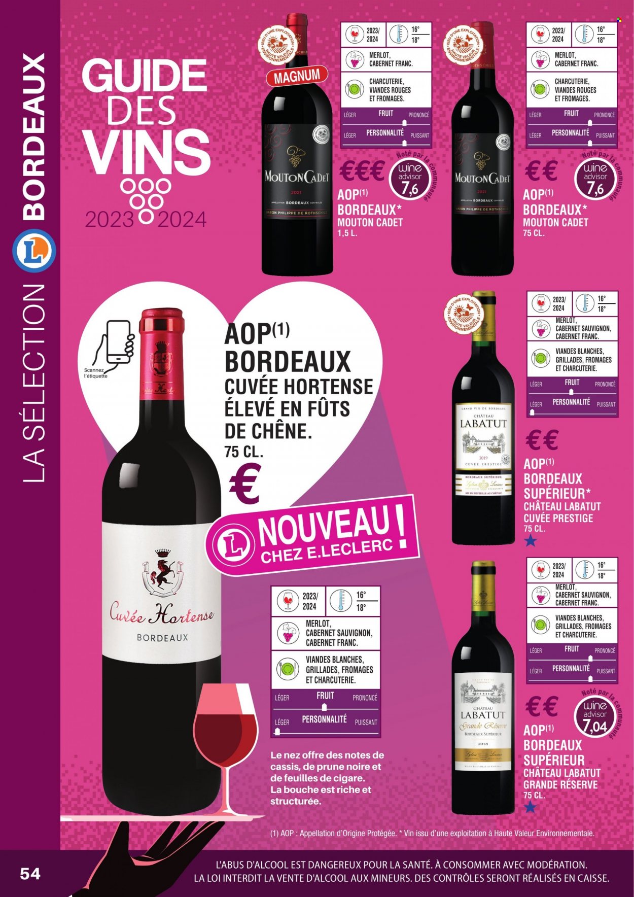 thumbnail - Catalogue E.Leclerc - Produits soldés - alcool, Bordeaux, vin blanc, vin rouge, vin, Cabernet Sauvignon. Page 54.