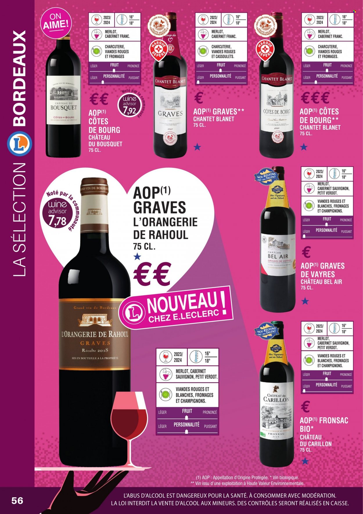 thumbnail - Catalogue E.Leclerc - Produits soldés - alcool, Bordeaux, vin blanc, vin rouge, vin, Cabernet Sauvignon, maison. Page 56.