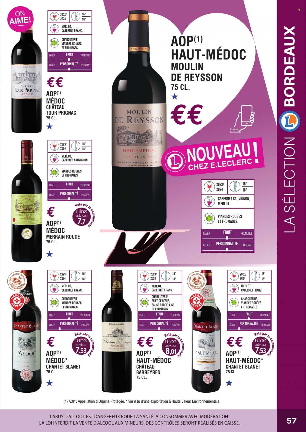thumbnail - Catalogue E.Leclerc - Produits soldés - alcool, Bordeaux, vin blanc, vin rouge, vin, Cabernet Sauvignon. Page 57.