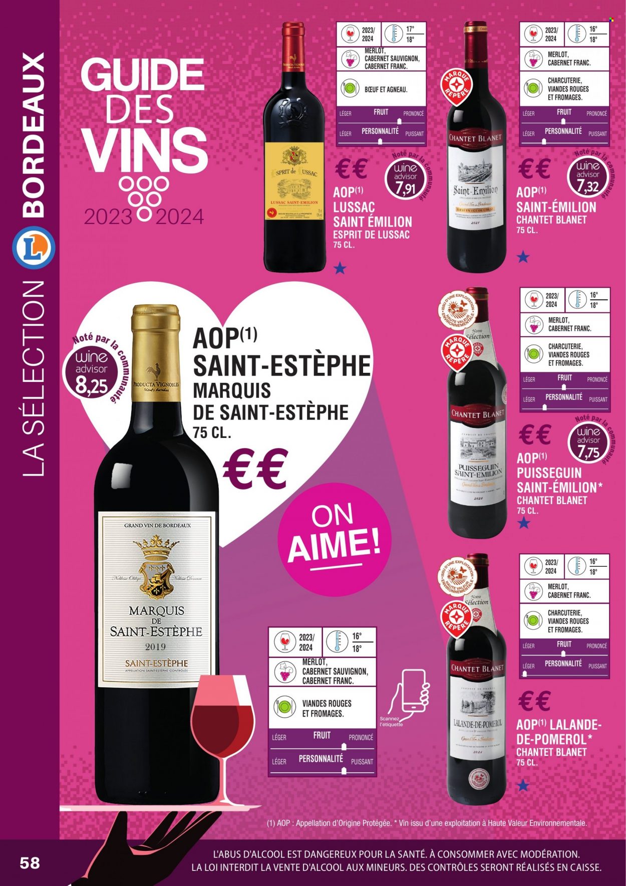 thumbnail - Catalogue E.Leclerc - Produits soldés - alcool, ESPRIT, Bordeaux, vin blanc, vin rouge, vin, Cabernet Sauvignon, maison. Page 58.