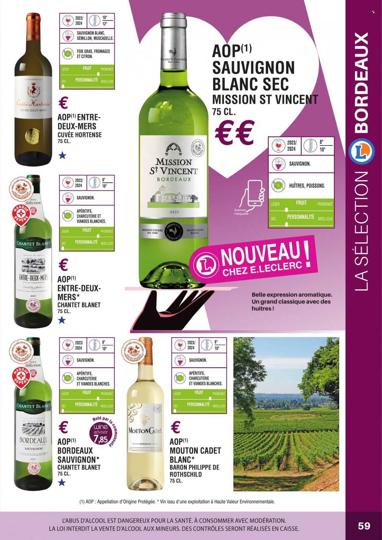 thumbnail - Catalogue E.Leclerc - Produits soldés - alcool, Bordeaux, vin blanc, vin rouge, Sauvignon Blanc, vin, Cabernet Sauvignon, maison. Page 59.