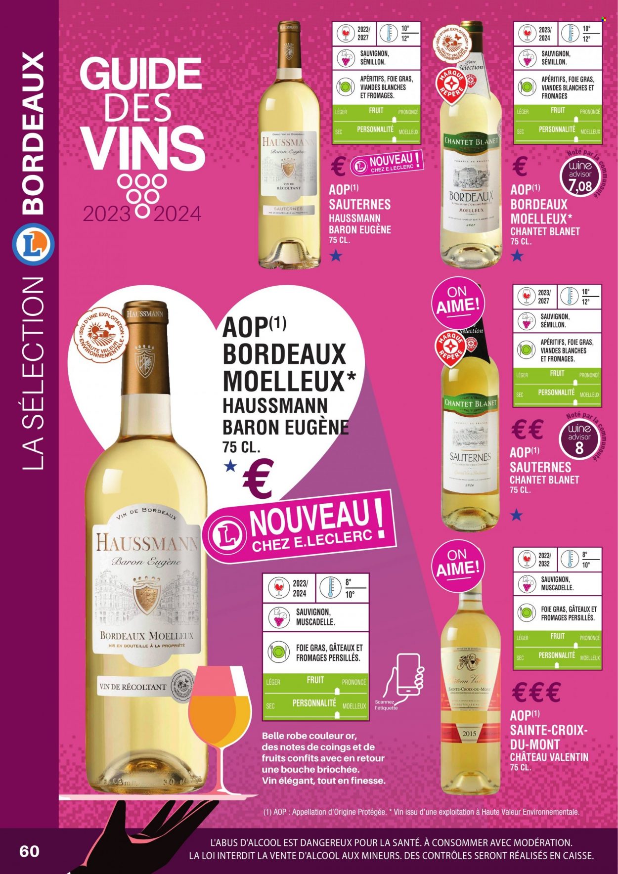 thumbnail - Catalogue E.Leclerc - Produits soldés - alcool, Bordeaux, vin rouge, Sauternes, vin, Cabernet Sauvignon, maison. Page 60.