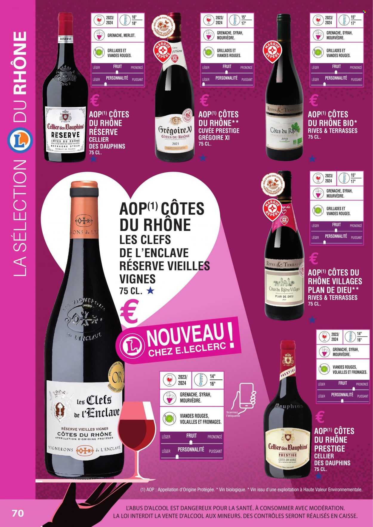 thumbnail - Catalogue E.Leclerc - Produits soldés - Gilbert, Côtes du Rhône, vin rouge, vin. Page 70.