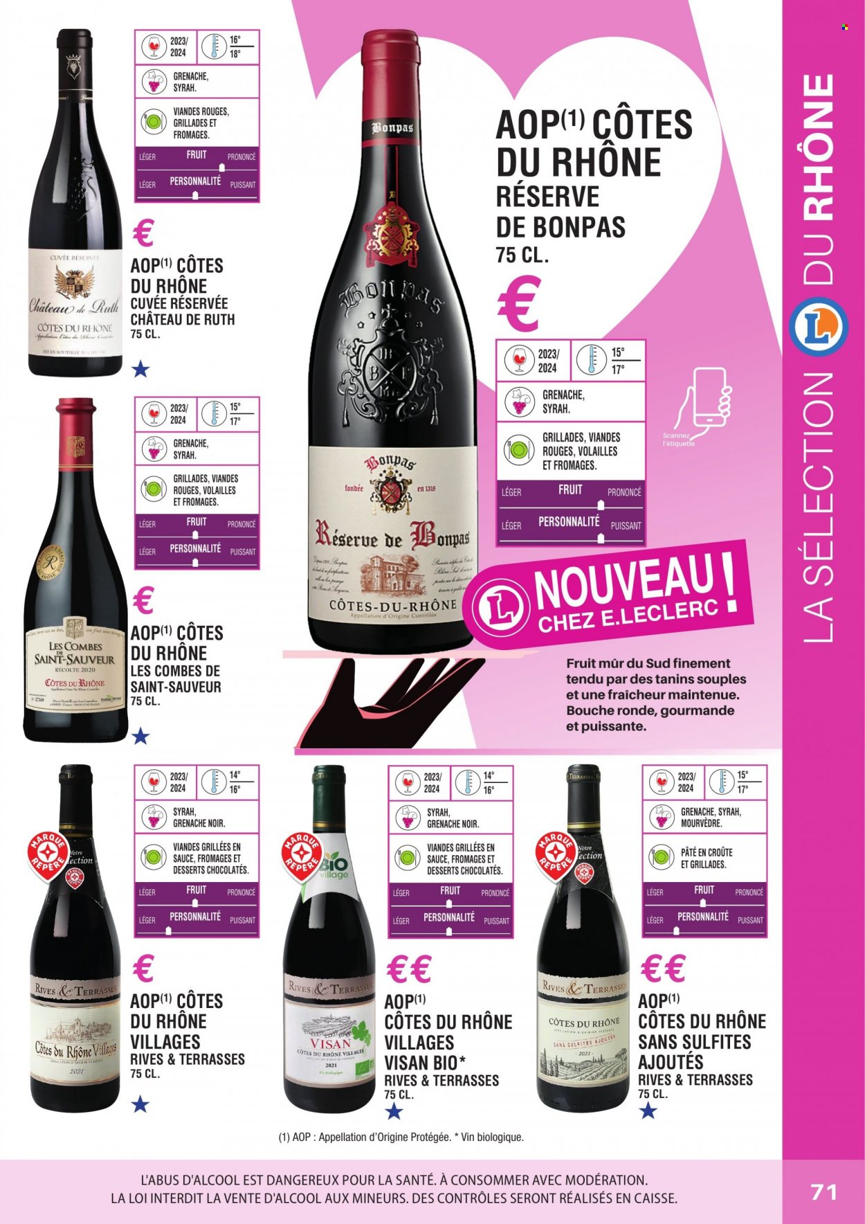 thumbnail - Catalogue E.Leclerc - Produits soldés - Côtes du Rhône, vin, jeans. Page 71.