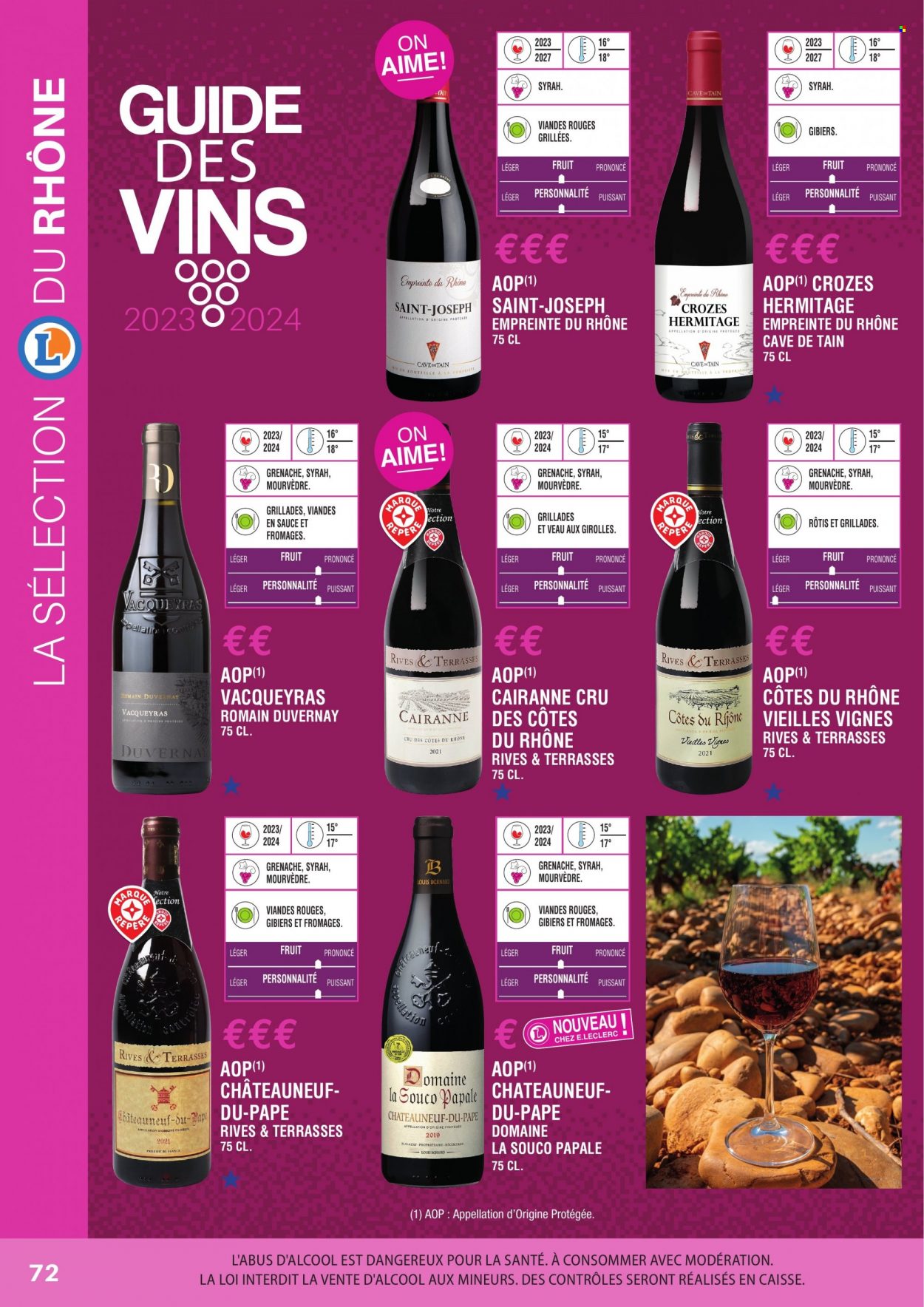 thumbnail - Catalogue E.Leclerc - Produits soldés - Côtes du Rhône, vin. Page 72.