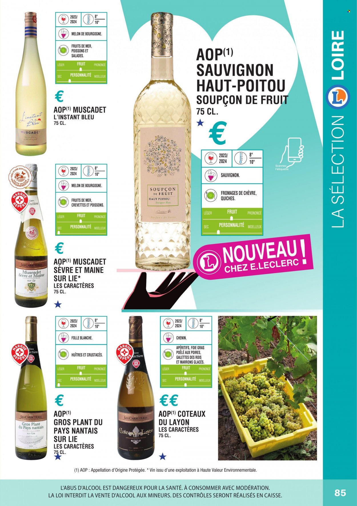 thumbnail - Catalogue E.Leclerc - Produits soldés - alcool, huître, marrons glacés, vin blanc, Sauvignon Blanc, vin, Cabernet Sauvignon. Page 85.