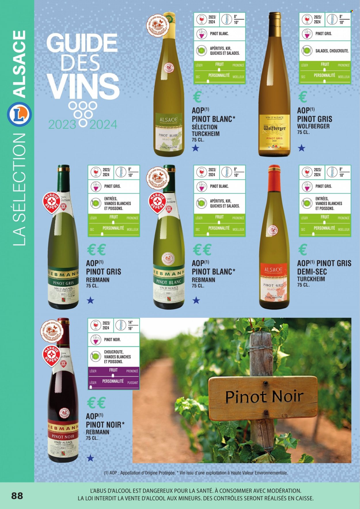 thumbnail - Catalogue E.Leclerc - Produits soldés - alcool, vin blanc, vin d’Alsace, Pinot Gris, vin, Pinot Blanc. Page 88.