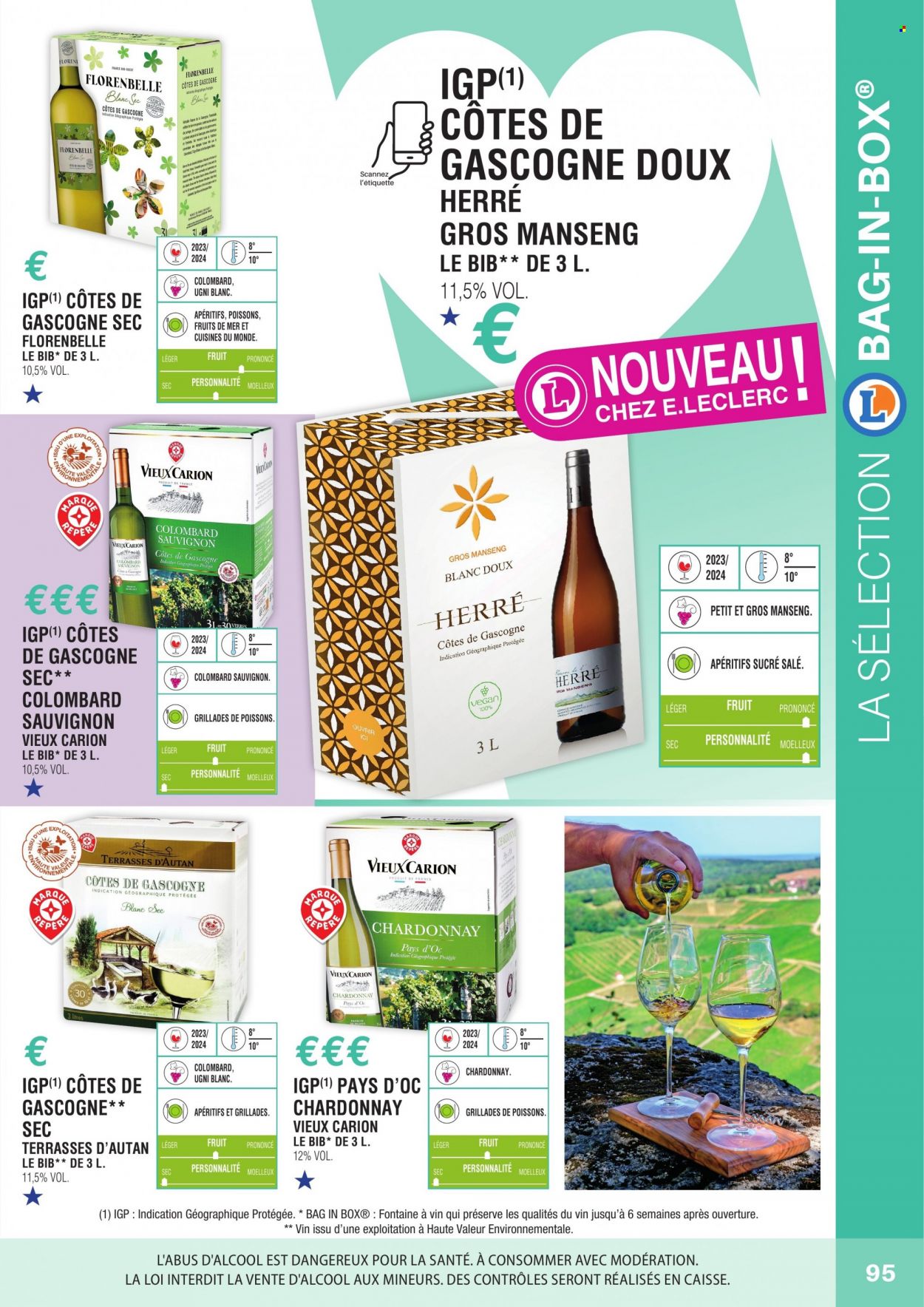 thumbnail - Catalogue E.Leclerc - Produits soldés - alcool, sucre, Côtes de Gascogne, vin, Cabernet Sauvignon. Page 95.
