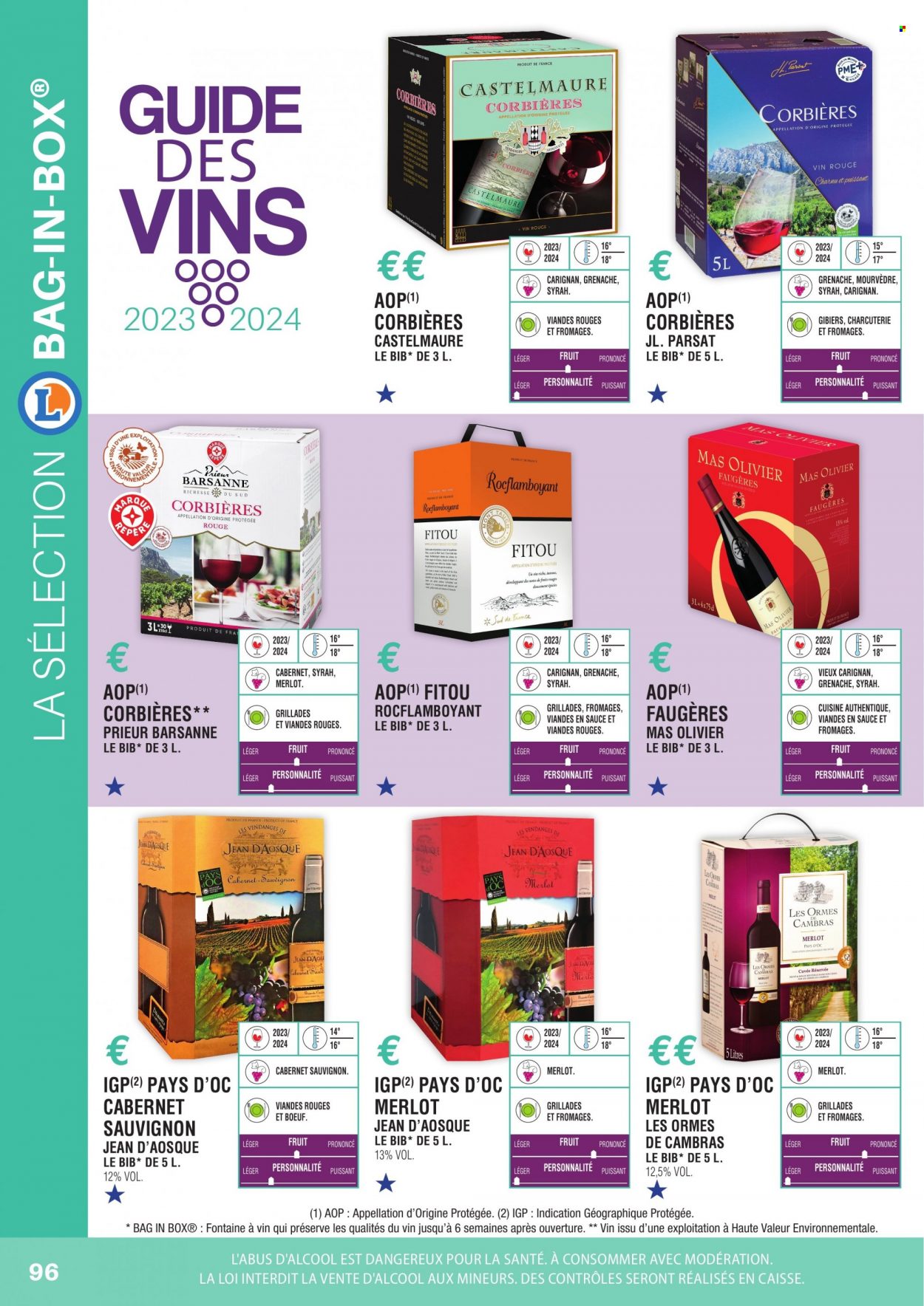 thumbnail - Catalogue E.Leclerc - Produits soldés - alcool, Corbières, vin blanc, vin rouge, vin, Cabernet Sauvignon, jeans, vis. Page 96.