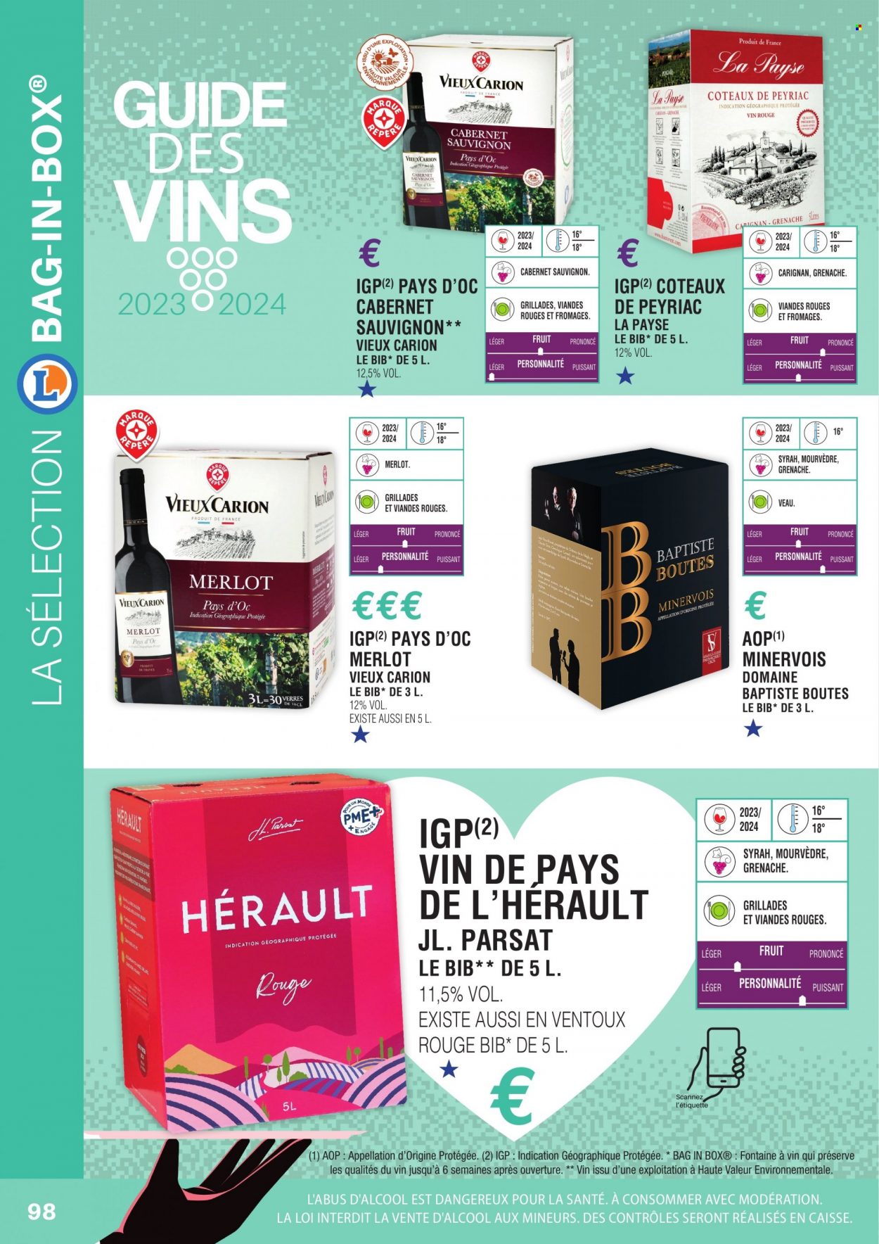 thumbnail - Catalogue E.Leclerc - Produits soldés - alcool, mâche, vin blanc, vin rouge, vin, Cabernet Sauvignon. Page 98.