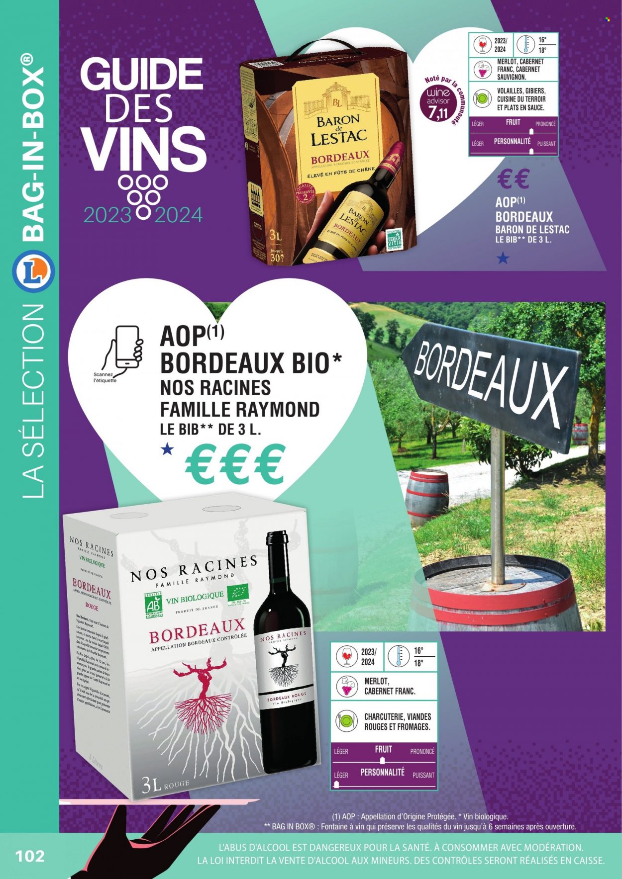 thumbnail - Catalogue E.Leclerc - Produits soldés - alcool, Bordeaux, vin blanc, vin rouge, vin, Cabernet Sauvignon, four. Page 102.