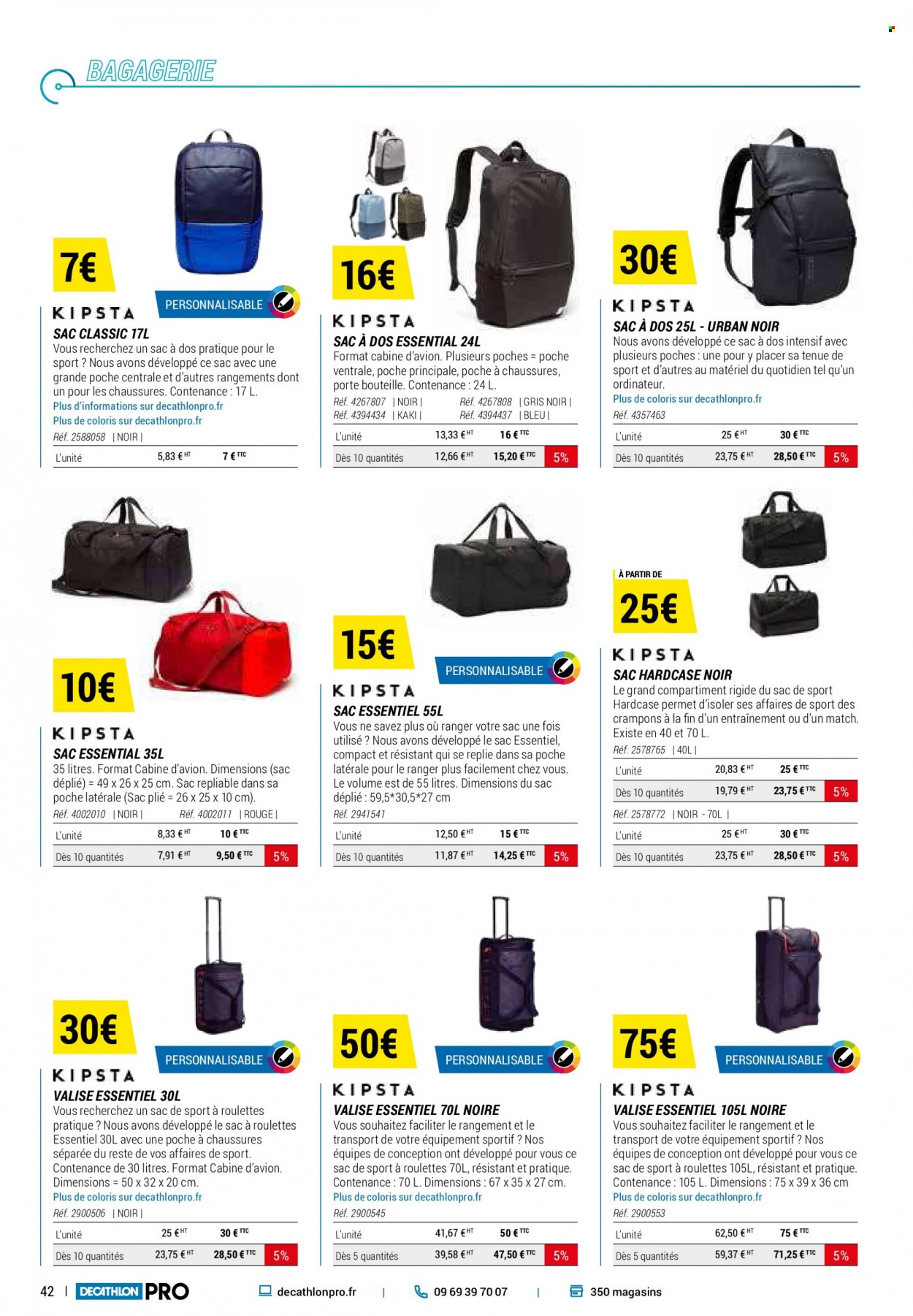 thumbnail - Catalogue Decathlon - Produits soldés - panier, valise, sac à ballons, sac à main, sac à dos, sac essentiel, cônes, chariot. Page 42.