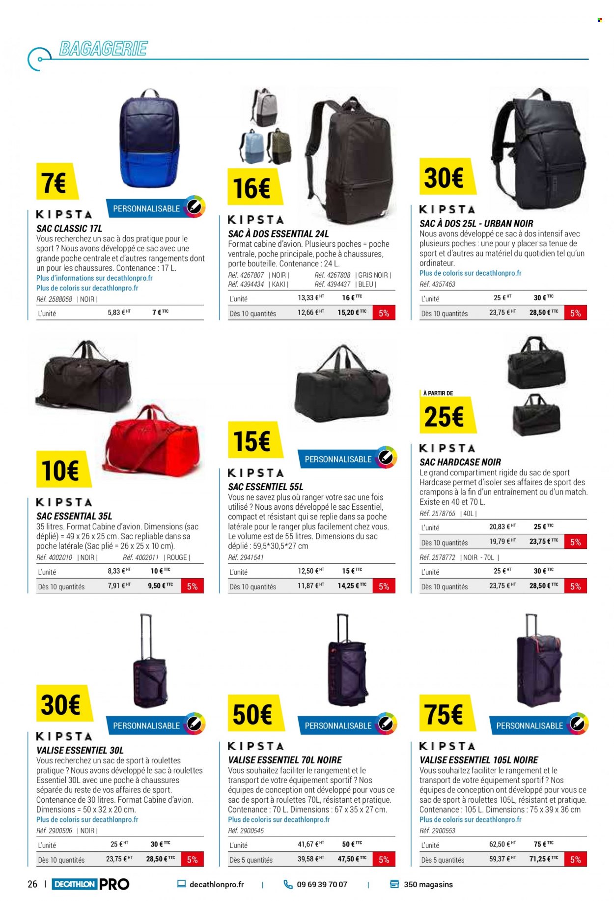 thumbnail - Catalogue Decathlon - Produits soldés - panier, valise, sac à ballons, sac à main, sac à dos, sac essentiel, cônes, chariot. Page 26.