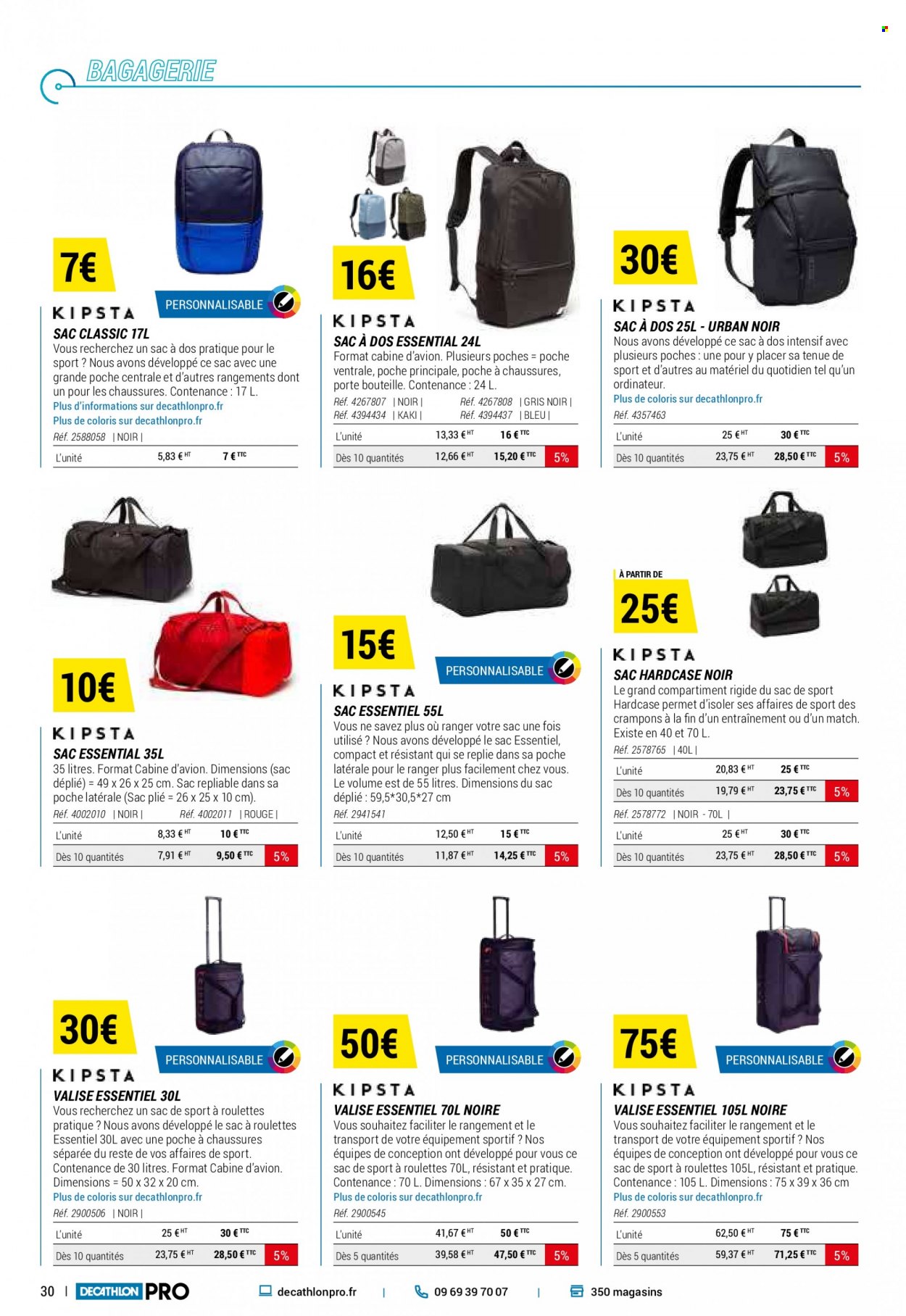 thumbnail - Catalogue Decathlon - Produits soldés - panier, valise, sac à ballons, sac à main, sac à dos, sac essentiel, cônes, chariot. Page 30.