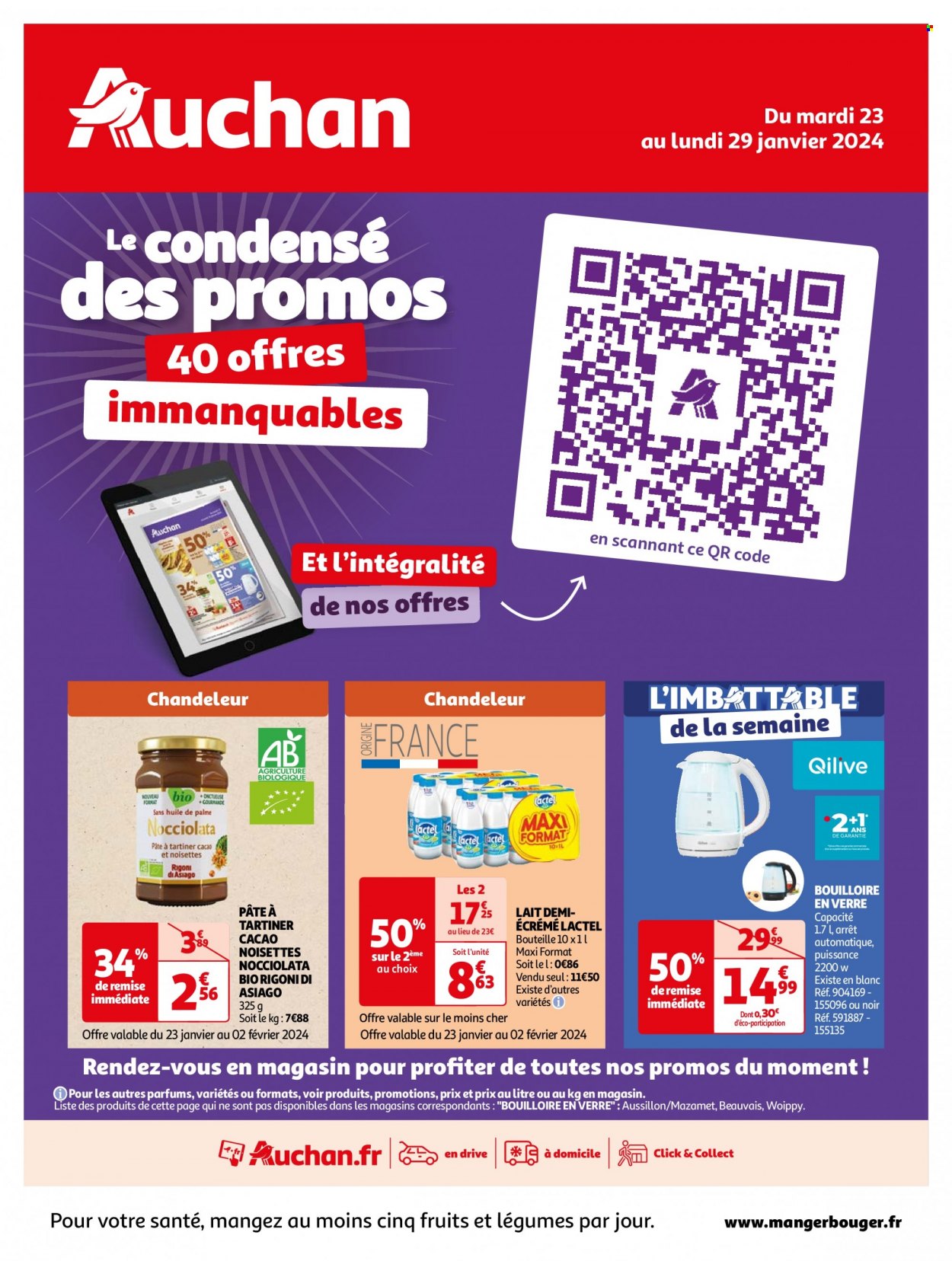thumbnail - Catalogue Auchan - 23/01/2024 - 29/12/2024 - Produits soldés - pâte à tartiner, Lactel, lait, bouilloire. Page 1.