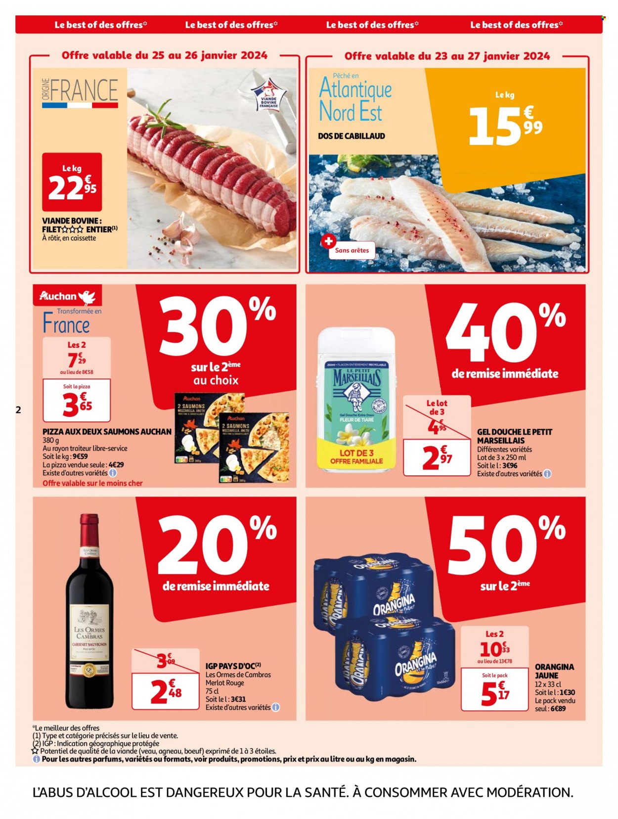 thumbnail - Catalogue Auchan - 23/01/2024 - 29/12/2024 - Produits soldés - viande, alcool, viande de veau, viande boeuf, cabillaud, La pizza, boisson aux fruits, Orangina, vin rouge, vin, gel douche, Le Petit Marseillais. Page 2.