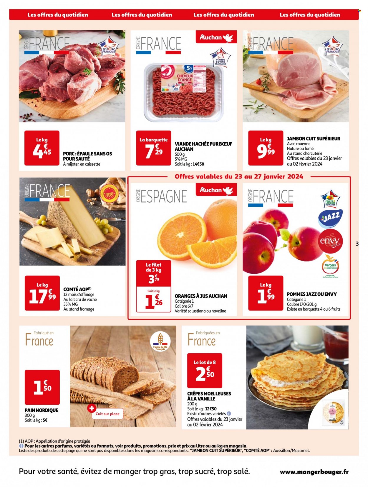 thumbnail - Catalogue Auchan - 23/01/2024 - 29/12/2024 - Produits soldés - viande de porc, viande, pain, crêpes, viande hachée, jambon, charcuterie, Comté, fromage, jus d'orange, jus. Page 3.