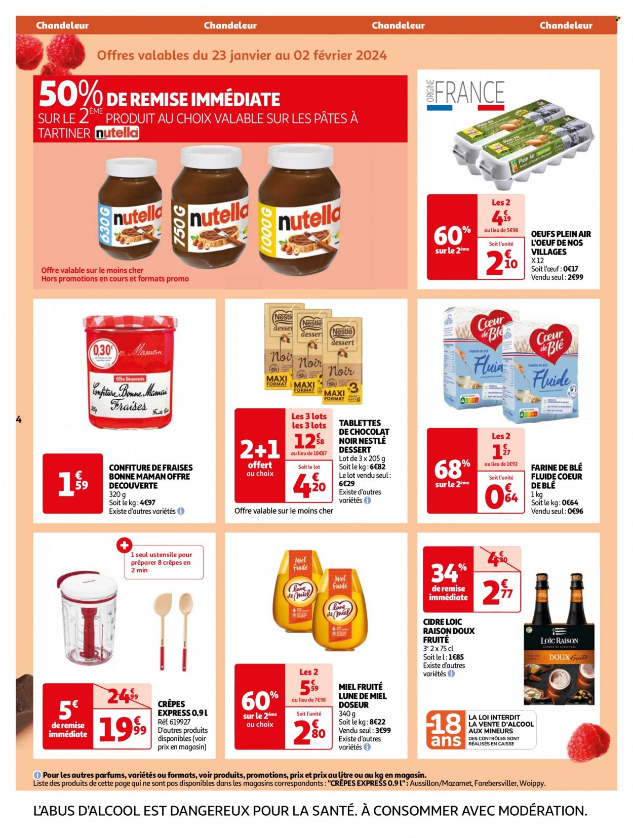 thumbnail - Catalogue Auchan - 23/01/2024 - 29/12/2024 - Produits soldés - Nestlé, œufs, chocolat, tablettes de chocolat, farine, confiture, miel, cidre, batteur mélangeur. Page 4.