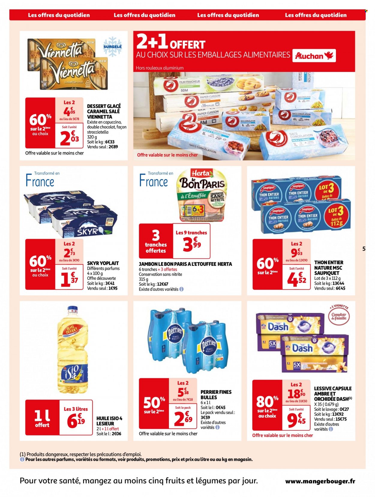 thumbnail - Catalogue Auchan - 23/01/2024 - 29/12/2024 - Produits soldés - thon, thon en conserve, Herta, jambon, yaourt, skyr, Yoplait, glace, huile, Perrier, lessive, tablettes de lavage. Page 5.