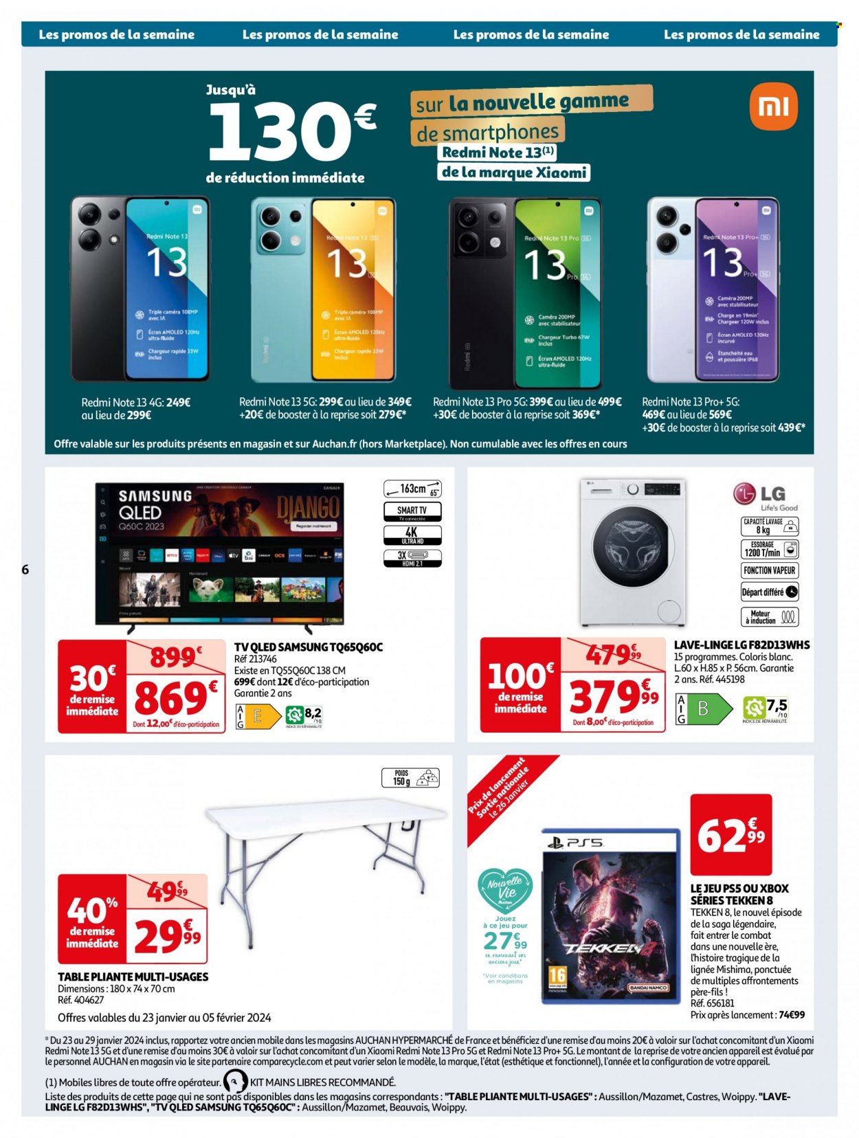 thumbnail - Catalogue Auchan - 23/01/2024 - 29/12/2024 - Produits soldés - table, Samsung, LG, Xiaomi, smartphone, Xbox, téléviseur, TV QLED, smart tv, lave linge, table pliante. Page 6.