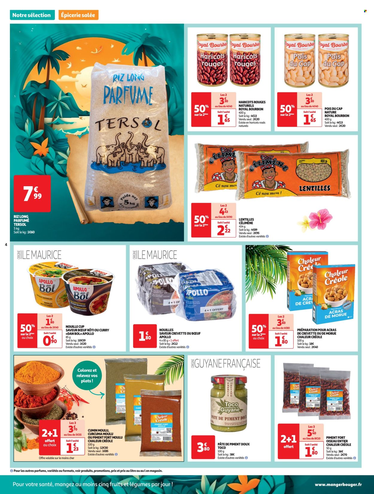 thumbnail - Catalogue Auchan - 23/01/2024 - 29/12/2024 - Produits soldés - morue, nouilles, lentilles, plat cuisiné, riz, cumin, curcuma, saladier. Page 4.