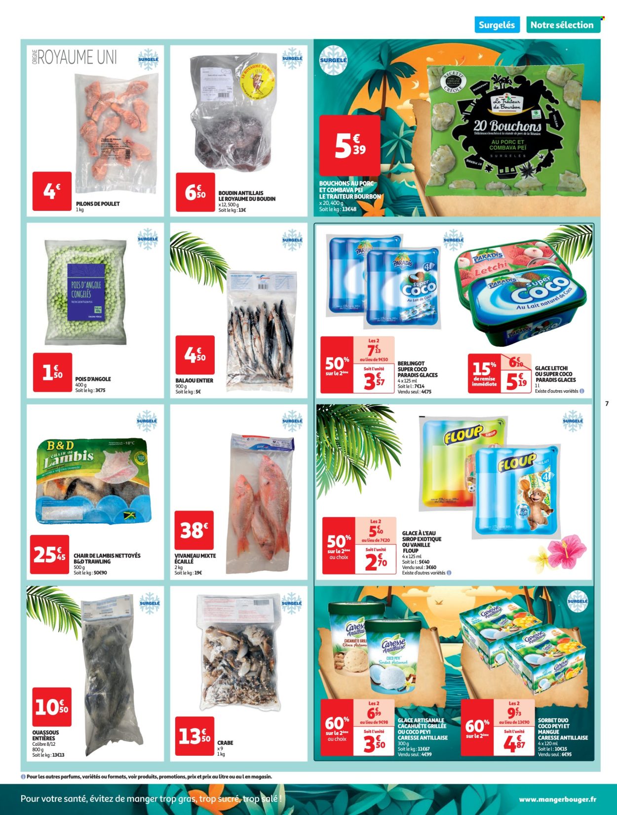 thumbnail - Catalogue Auchan - 23/01/2024 - 29/12/2024 - Produits soldés - boudin antillais, combava, viande de poulet, pilons de poulet, crabe, boudin de viande, glace, sorbet, cacahuètes, pois chiche, sirop. Page 7.