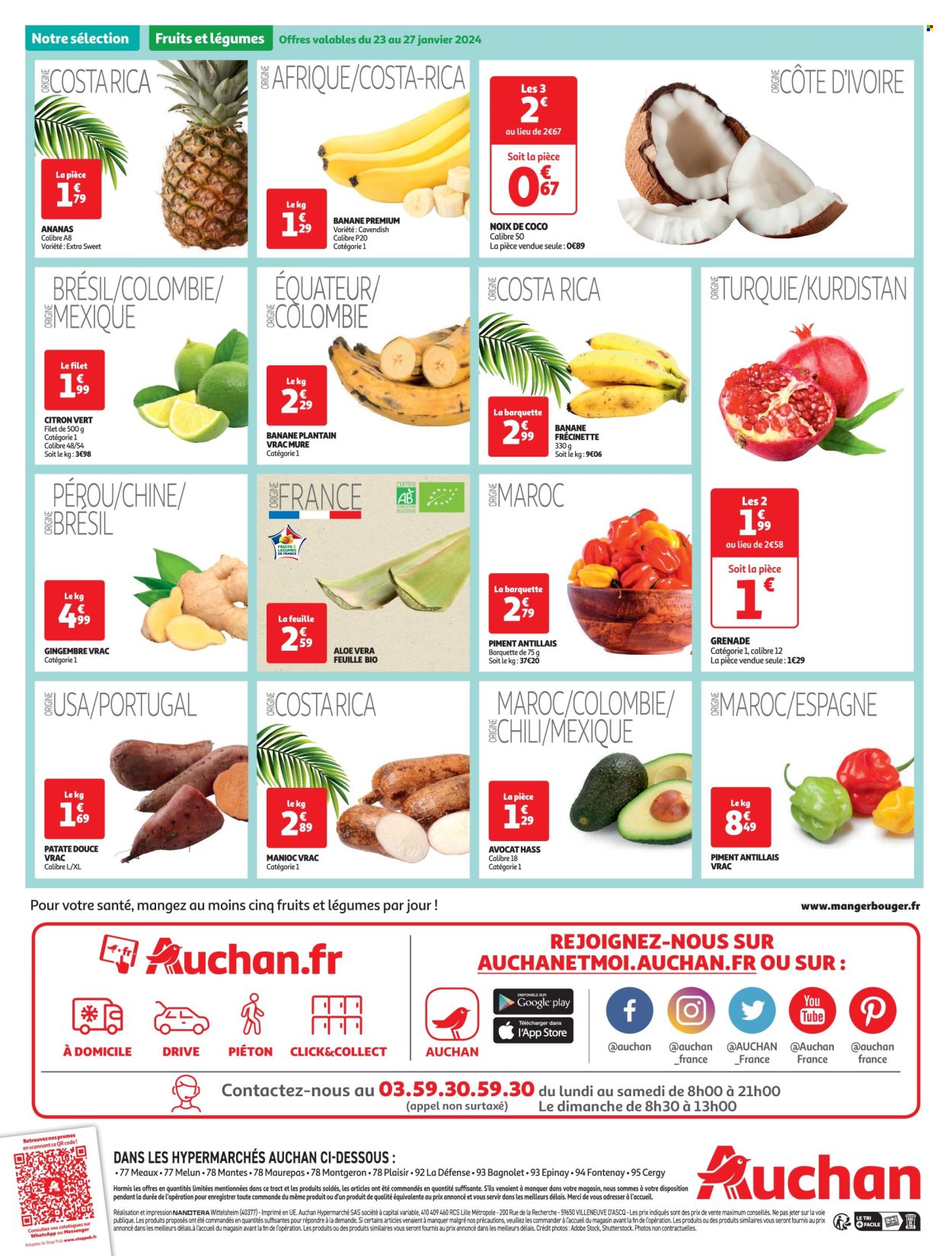 thumbnail - Catalogue Auchan - 23/01/2024 - 29/12/2024 - Produits soldés - avocat, ananas, bananes, noix de coco, grenade, citron vert, gingembre, piment, patate douce, noix, fleur, aloe vera. Page 12.