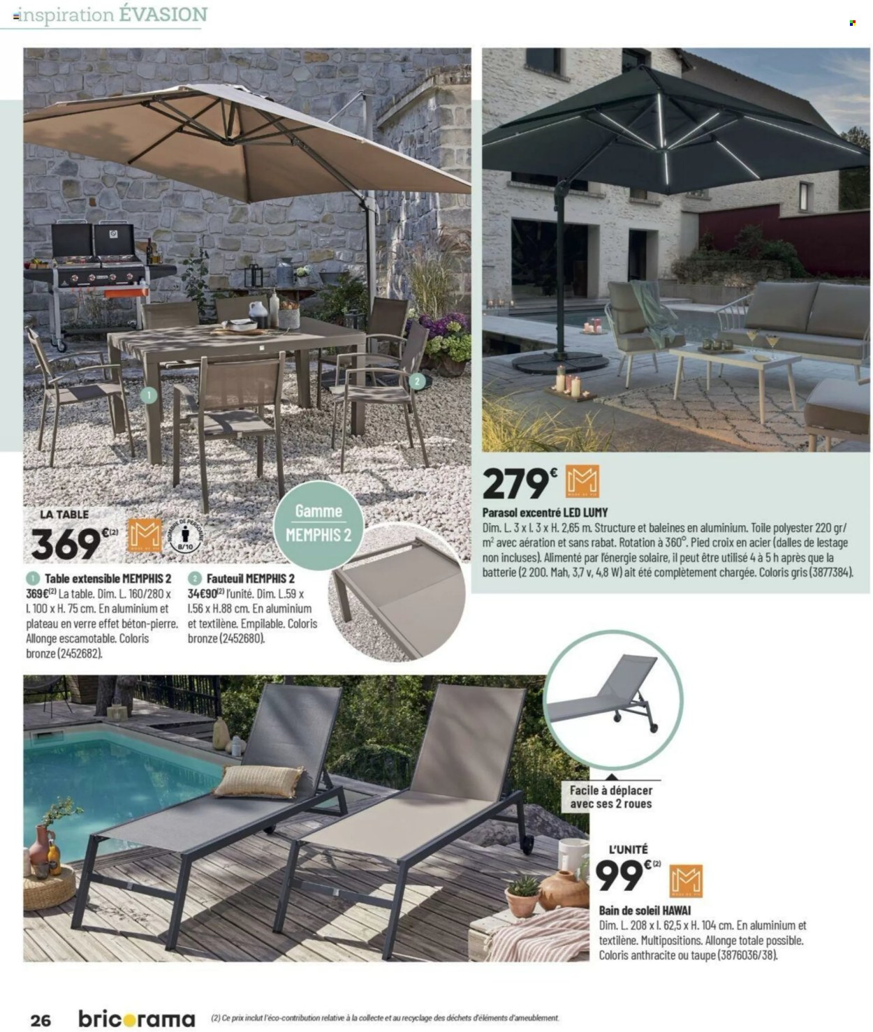 thumbnail - Catalogue Bricorama - 27/02/2024 - 28/04/2024 - Produits soldés - table, table extensible, fauteuil, bain de soleil, parasol. Page 23.