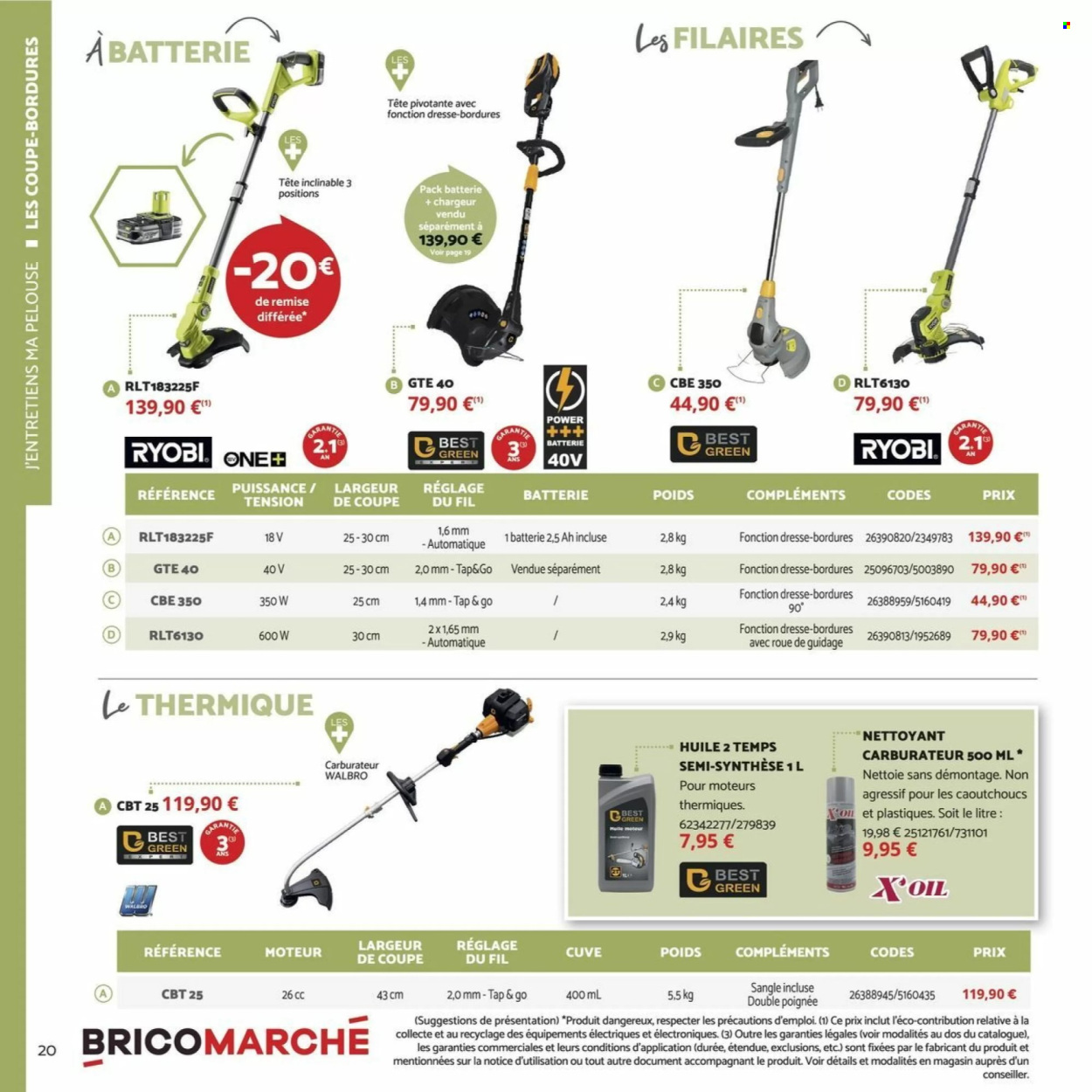 thumbnail - Catalogue Bricomarché - 03/03/2024 - 30/04/2024 - Produits soldés - Ryobi, coupe-bordures, roue, huile de moteur. Page 20.