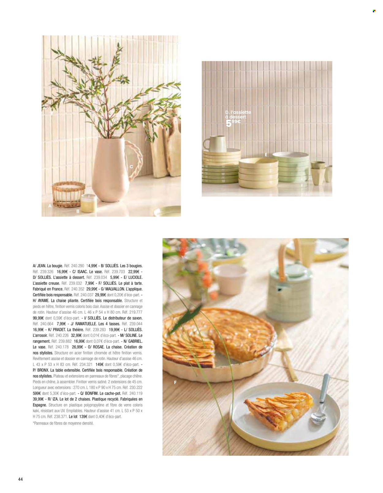 thumbnail - Catalogue Maisons du Monde - Produits soldés - table, coffret, théière, bougie, table extensible, chaise pliante, vase, pot de fleurs. Page 46.