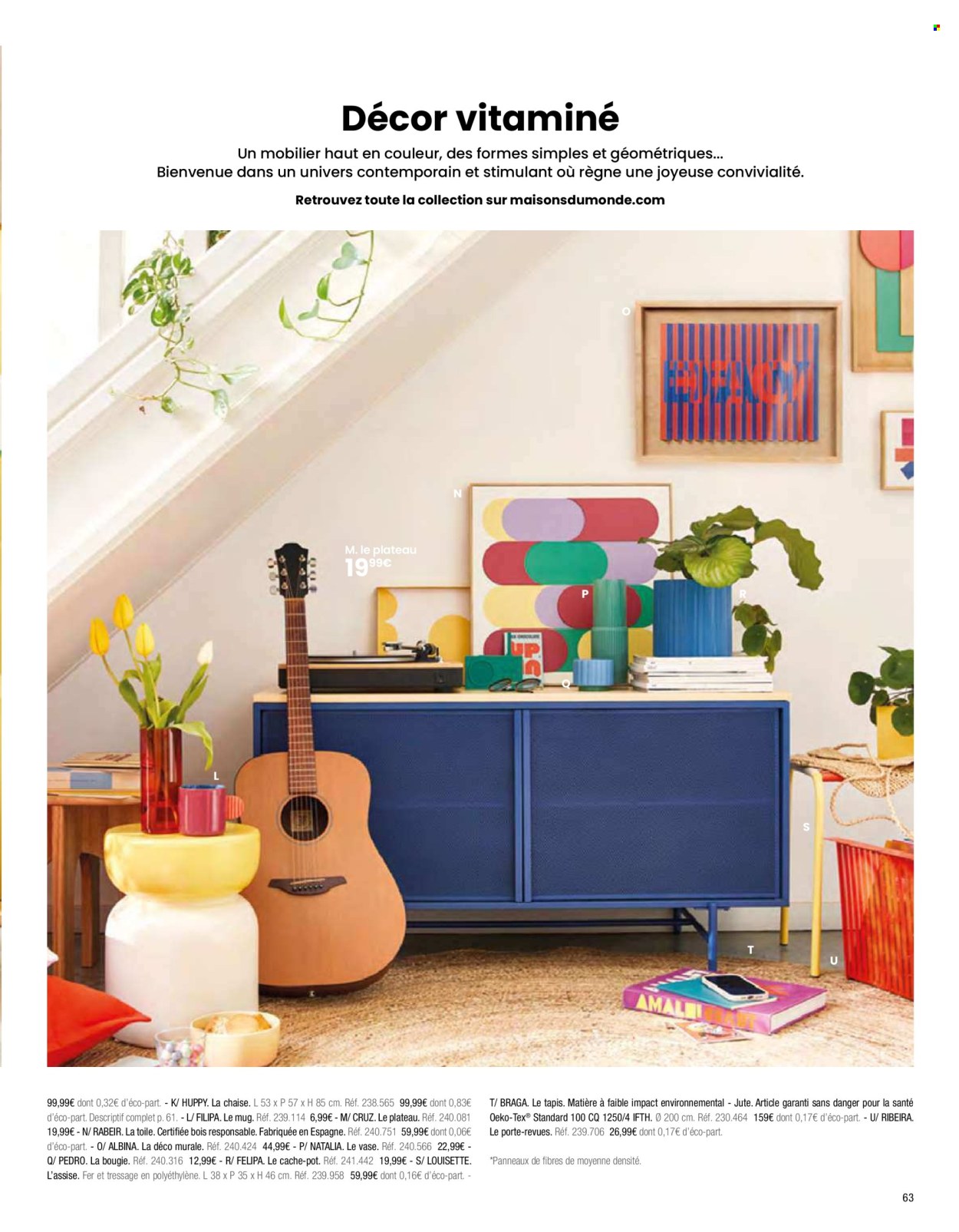 thumbnail - Catalogue Maisons du Monde - Produits soldés - table, mug, bougie, housse de coussin, tapis, fauteuil, vase, pot de fleurs. Page 65.