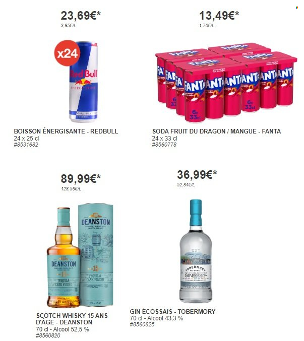 thumbnail - Catalogue Costco - Produits soldés - alcool, mangue, Fanta, boisson énergétique, Red Bull, soda, gin, tequila, whisky, Finish. Page 6.