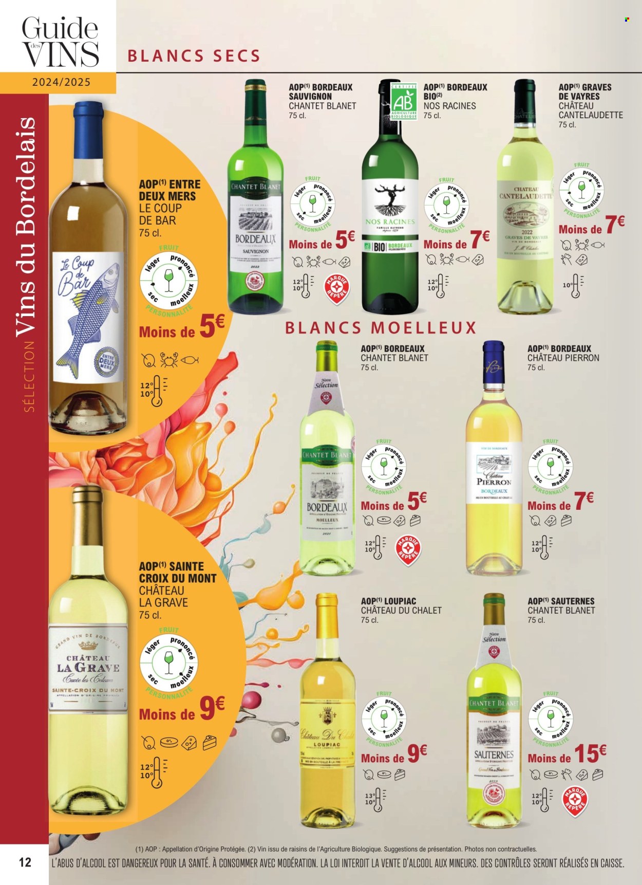 thumbnail - Catalogue E.Leclerc - 01/01/2024 - 31/12/2025 - Produits soldés - alcool, poisson, Bordeaux, vin blanc, Sauternes, vin, Cabernet Sauvignon. Page 12.