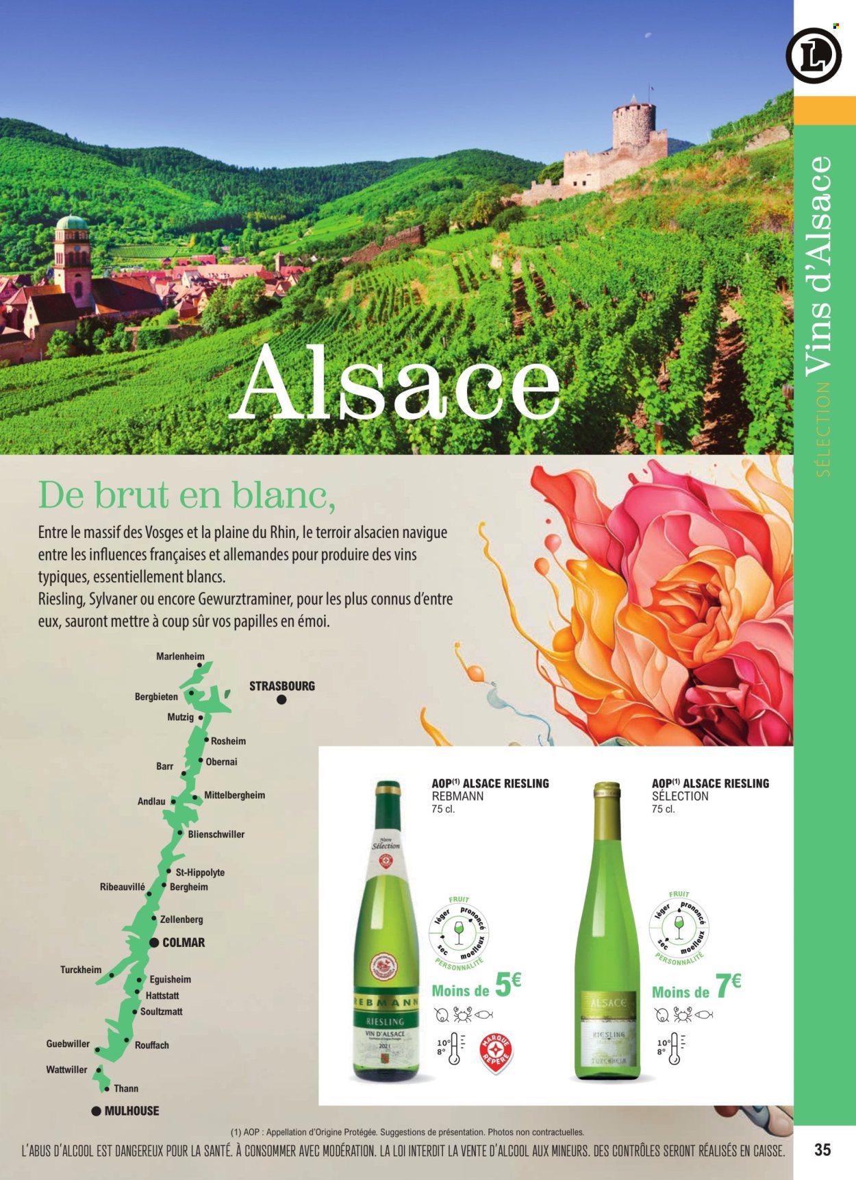 thumbnail - Catalogue E.Leclerc - 01/01/2024 - 31/12/2025 - Produits soldés - alcool, vin blanc, vin d’Alsace, vin, Riesling. Page 35.