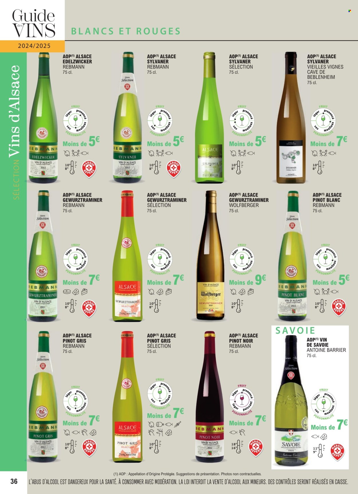 thumbnail - Catalogue E.Leclerc - 01/01/2024 - 31/12/2025 - Produits soldés - alcool, vin blanc, vin d’Alsace, vin rouge, Pinot Gris, vin, Pinot Blanc. Page 36.